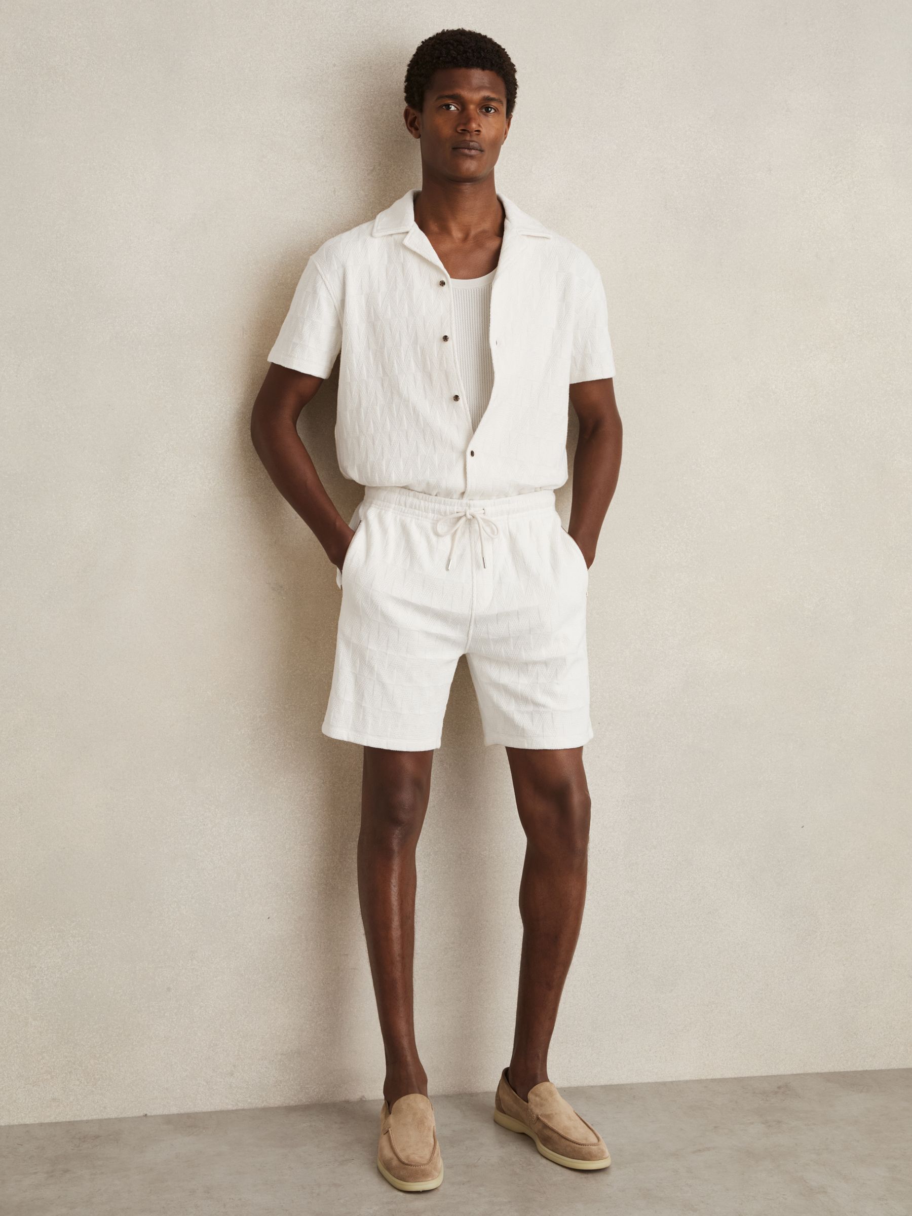 Cotton Textured Drawstring Shorts in Off White - Image 4 of 7