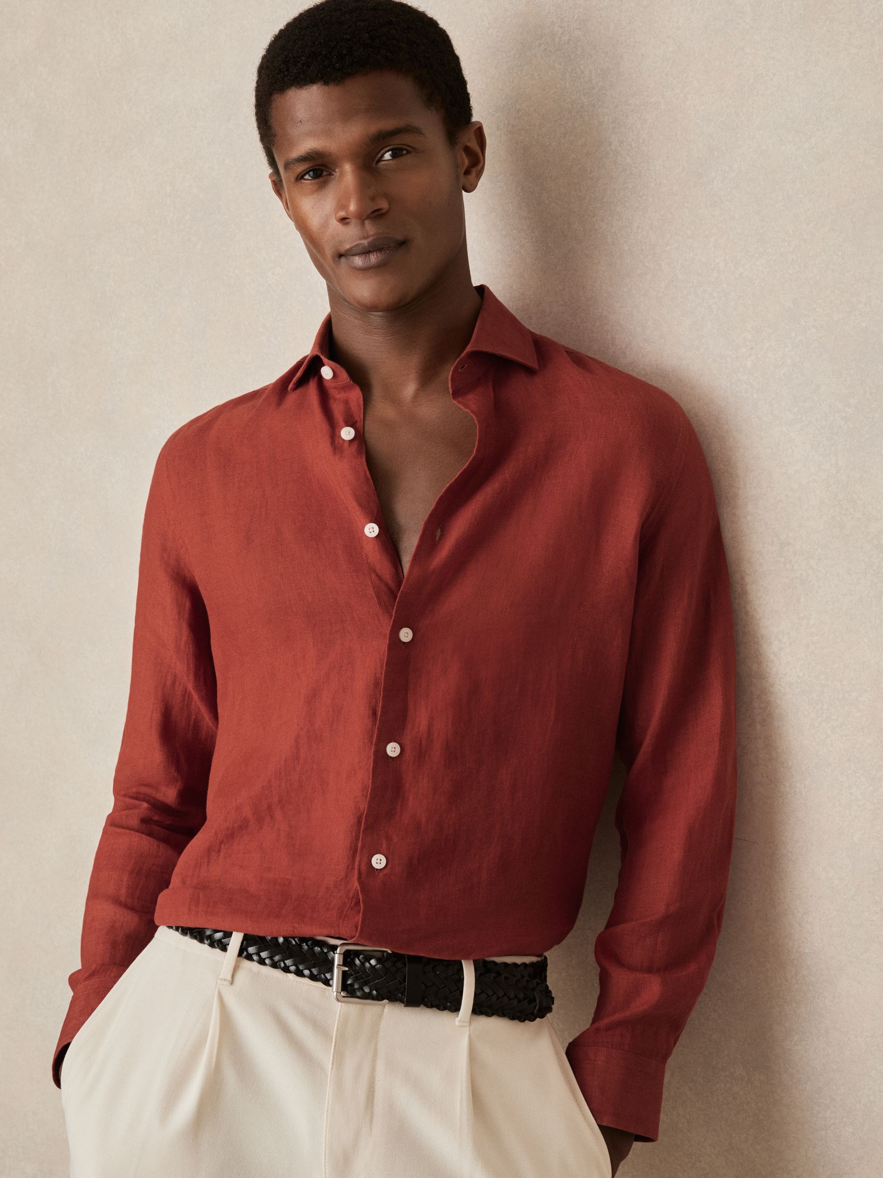 Linen Striped Cutaway-Collar Shirt in Paprika Red - Image 4 of 7
