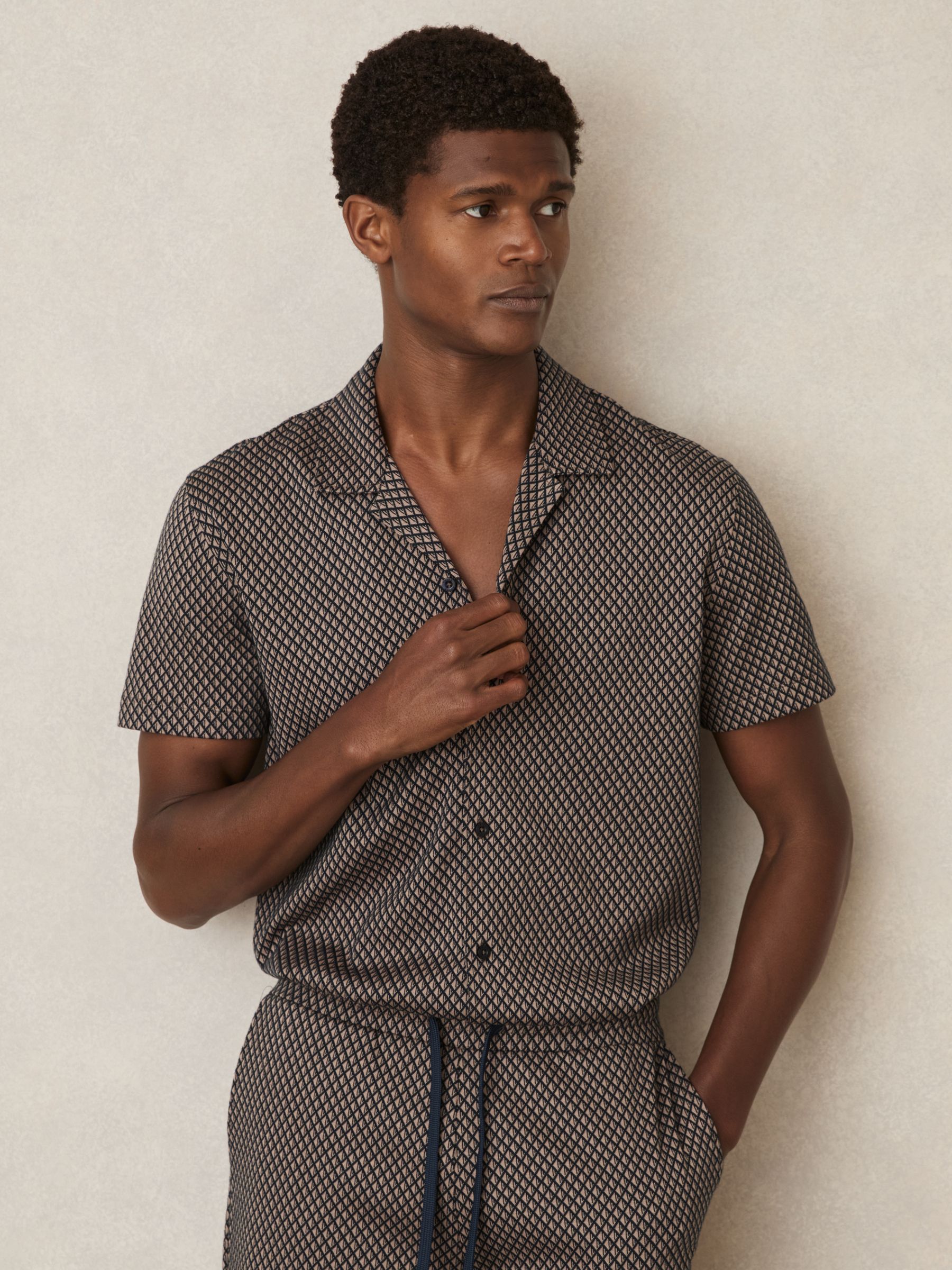 Geometric Jacquard Cuban-Collar Shirt in Tobacco Brown/Navy - Image 1 of 6