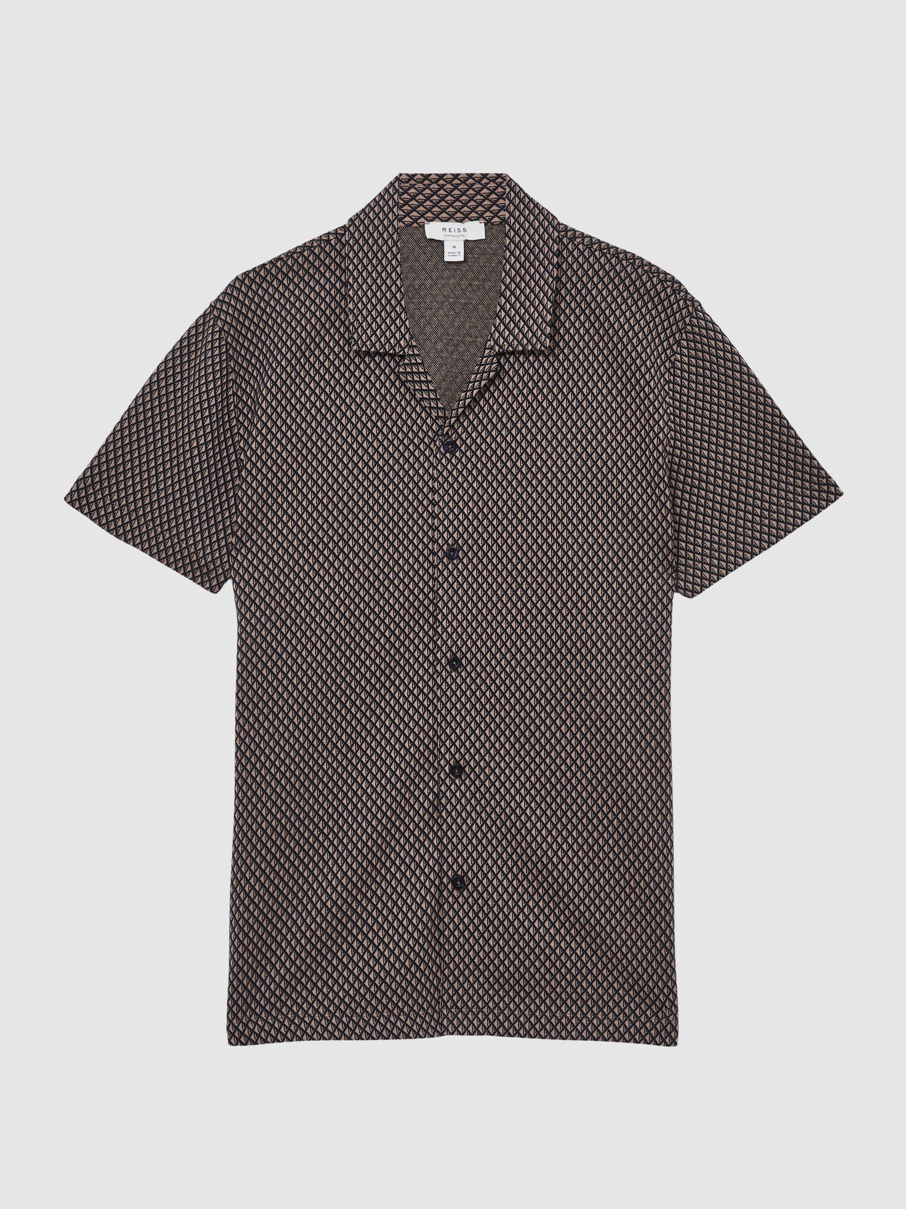 Geometric Jacquard Cuban-Collar Shirt in Tobacco Brown/Navy - Image 2 of 6