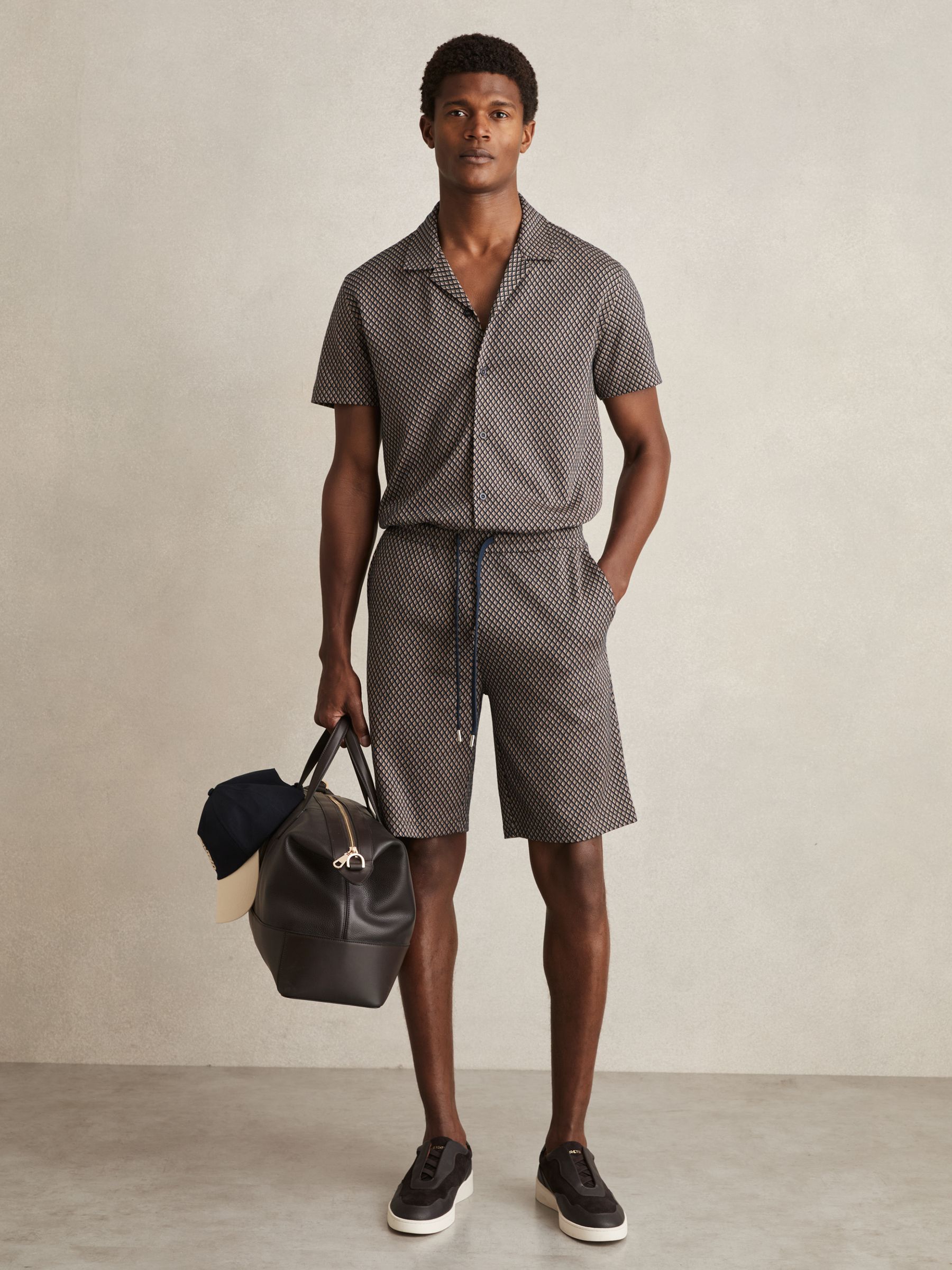 Geometric Jacquard Cuban-Collar Shirt in Tobacco Brown/Navy - Image 3 of 6