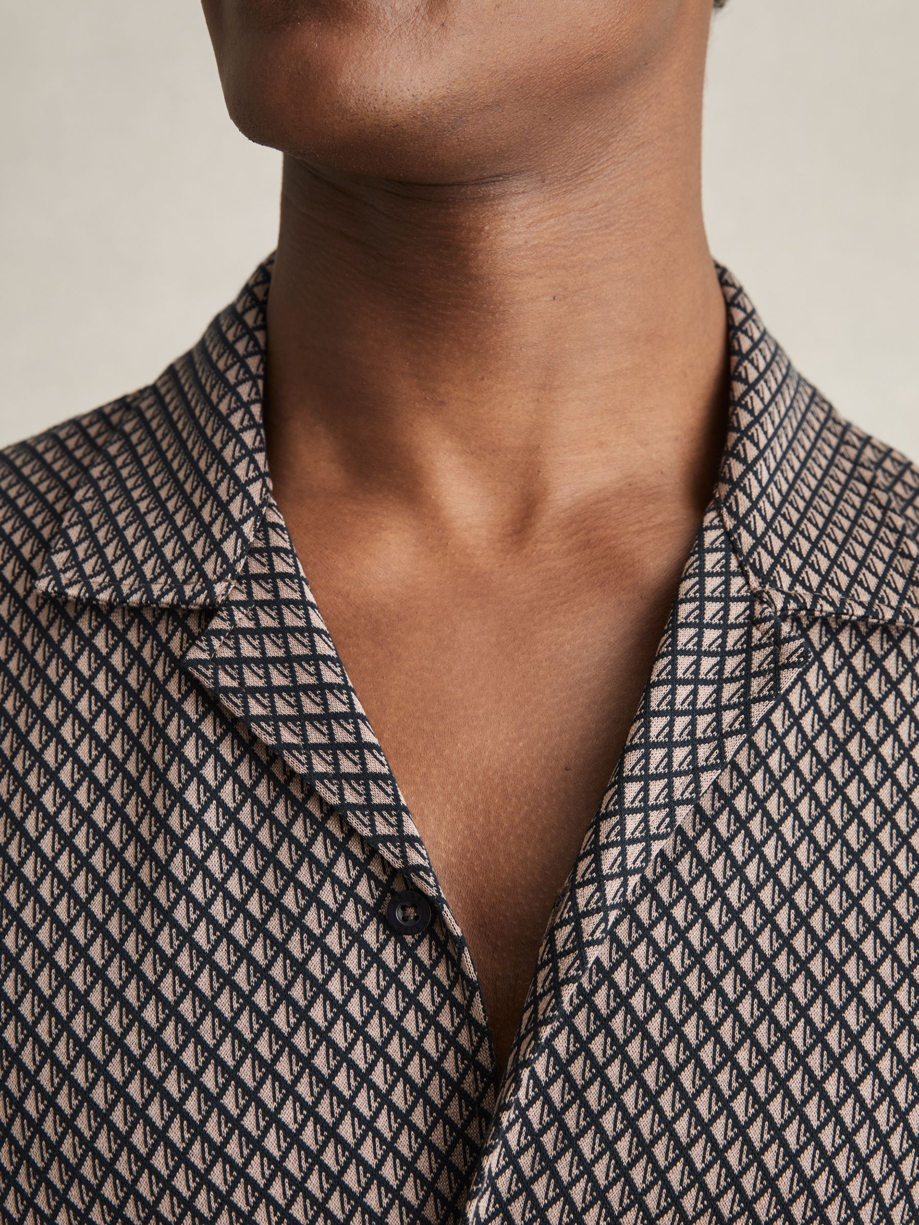 Geometric Jacquard Cuban-Collar Shirt in Tobacco Brown/Navy - Image 4 of 6