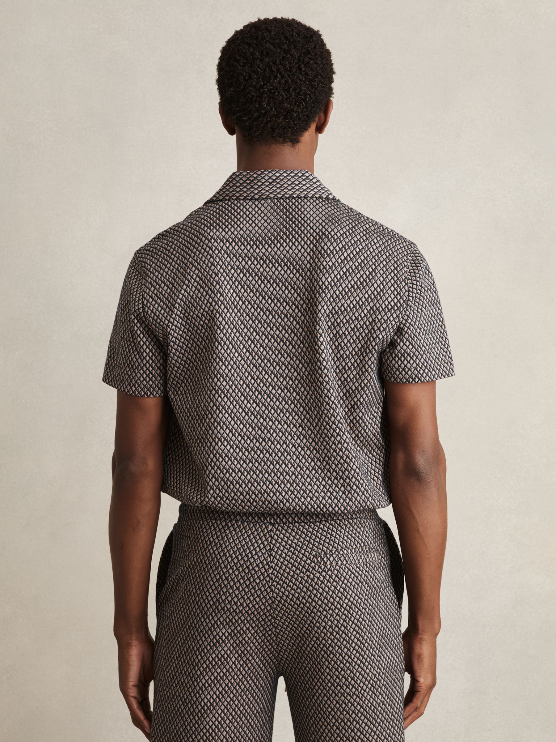 Geometric Jacquard Cuban-Collar Shirt in Tobacco Brown/Navy - Image 5 of 6