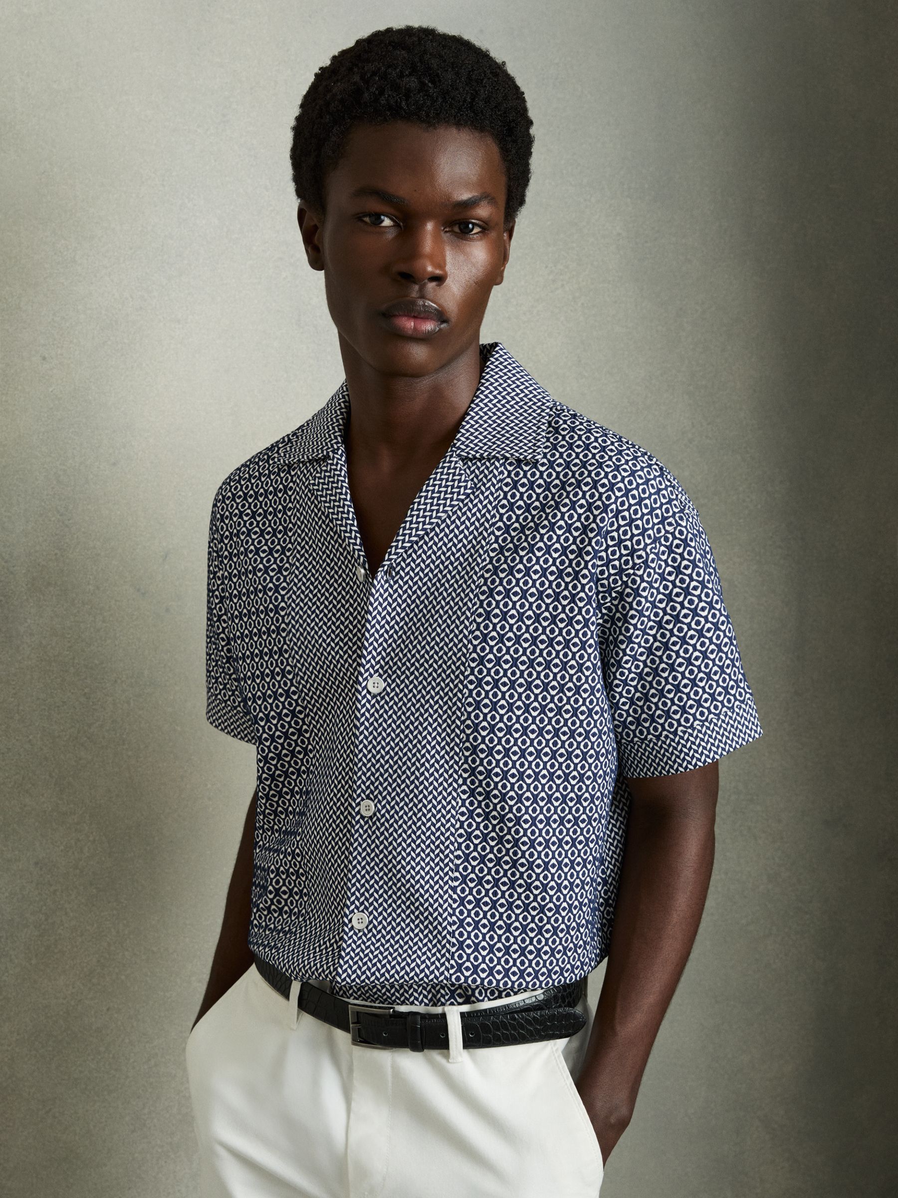 Geometric-Jacquard Cuban-Collar Shirt in Navy/White - Image 1 of 6