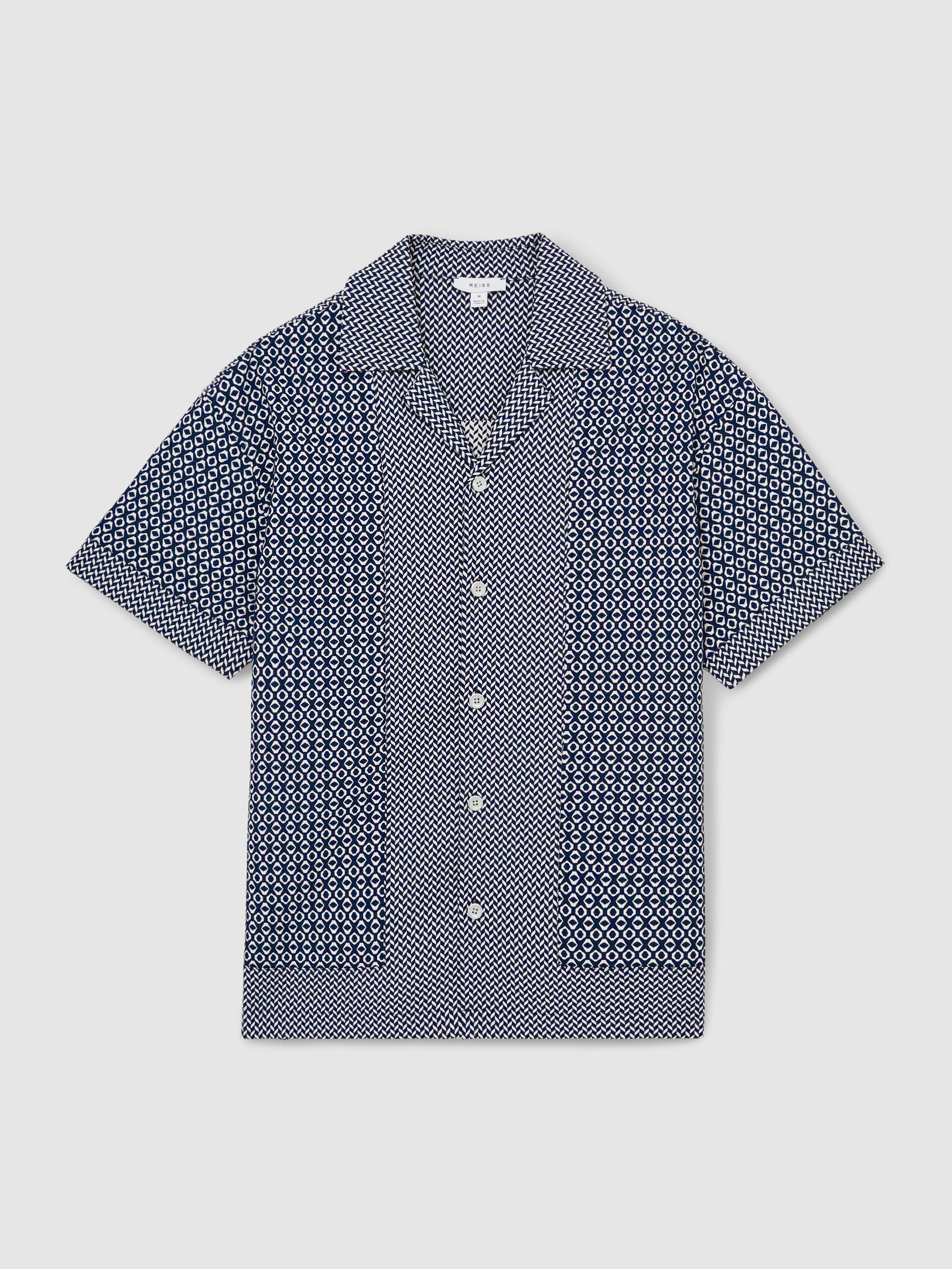 Geometric-Jacquard Cuban-Collar Shirt in Navy/White - Image 2 of 6