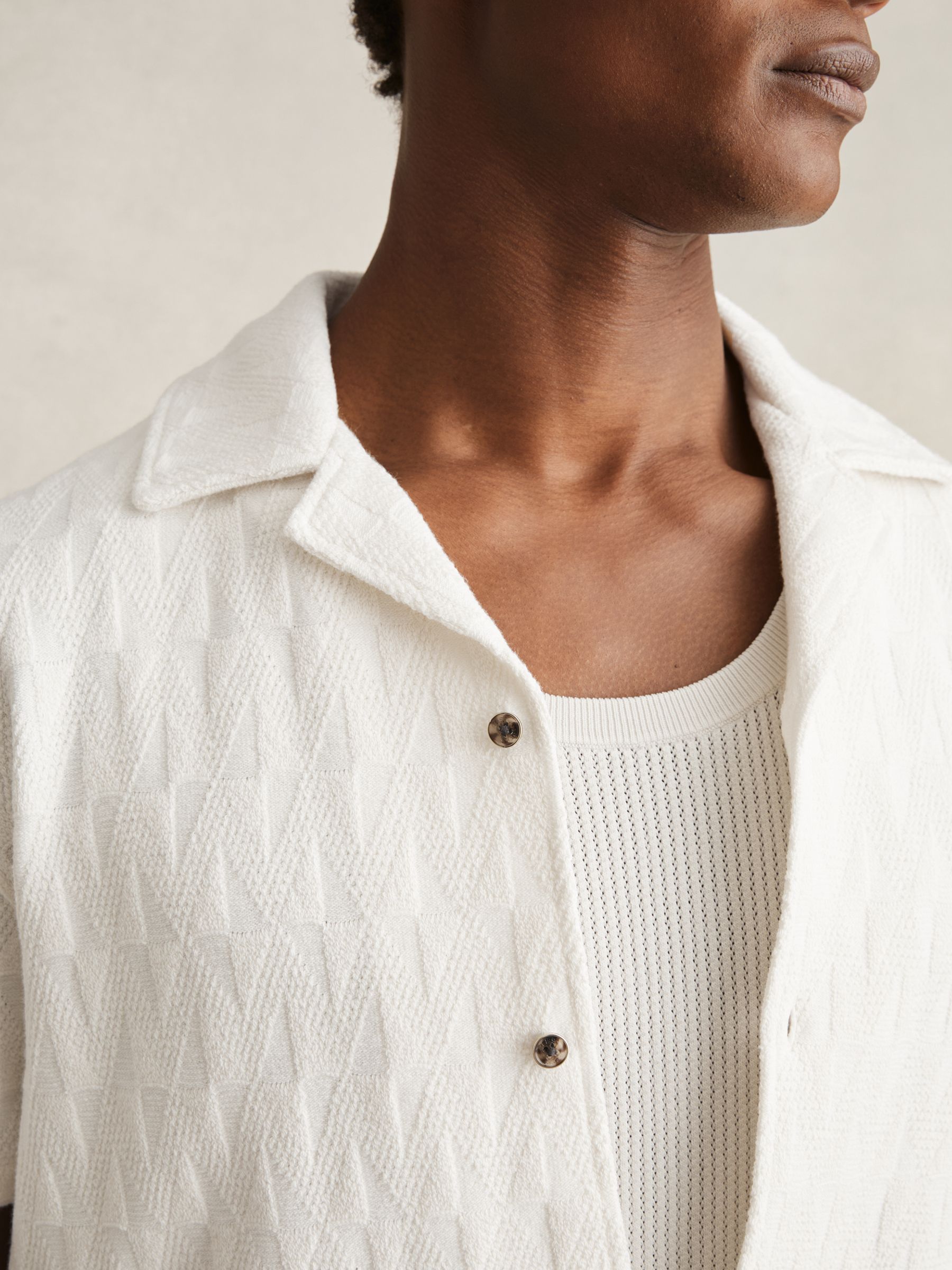 Cotton Textured Cuban-Collar Shirt in Off White - Image 4 of 6