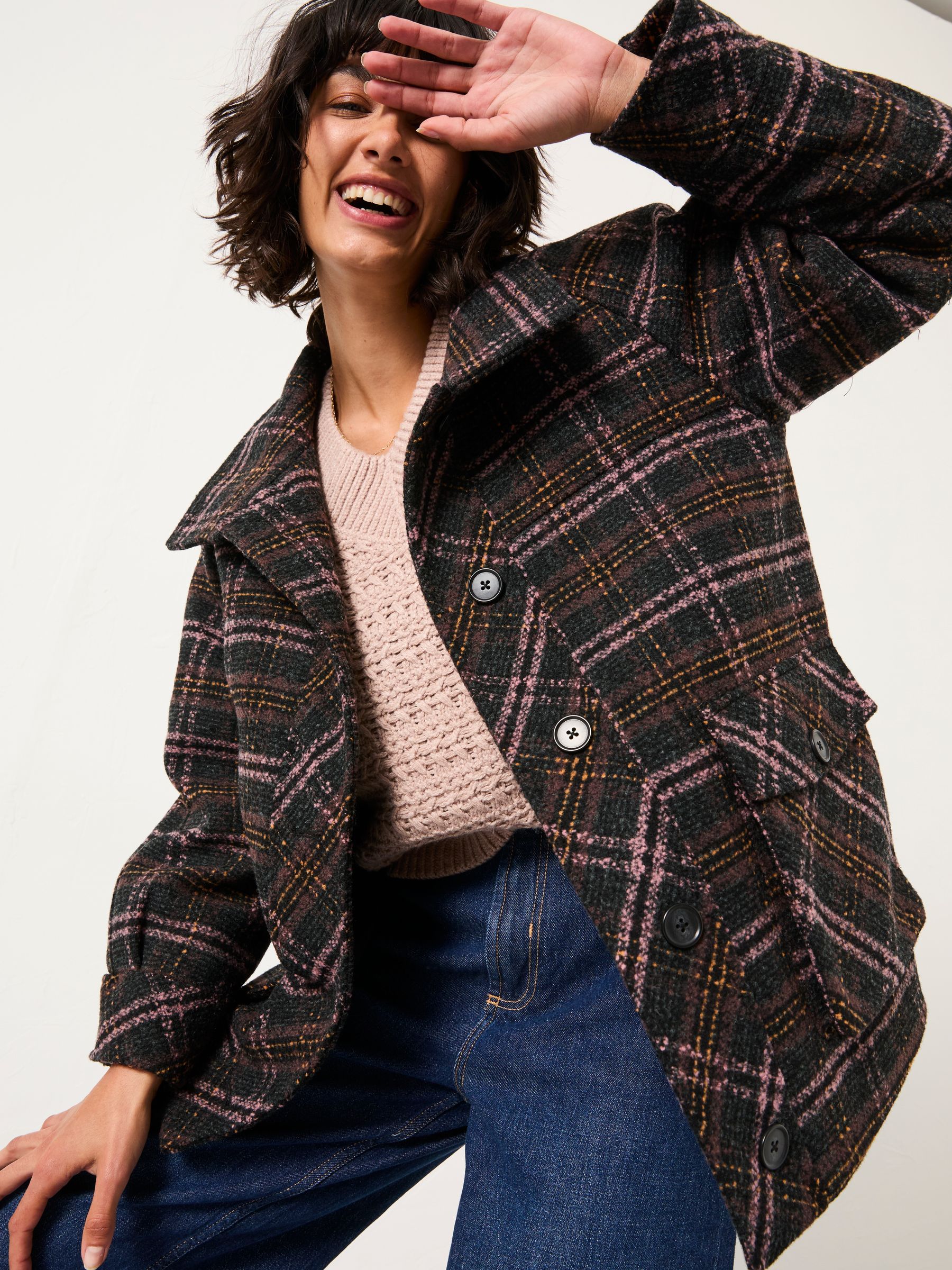 Heather Navy Check Coat | FatFace USA