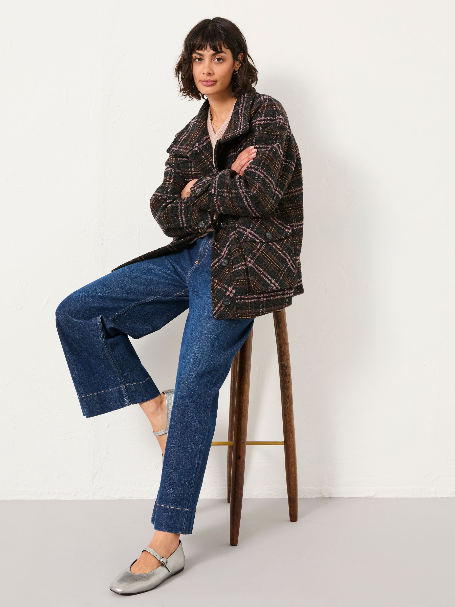Heather Navy Check Coat | FatFace USA
