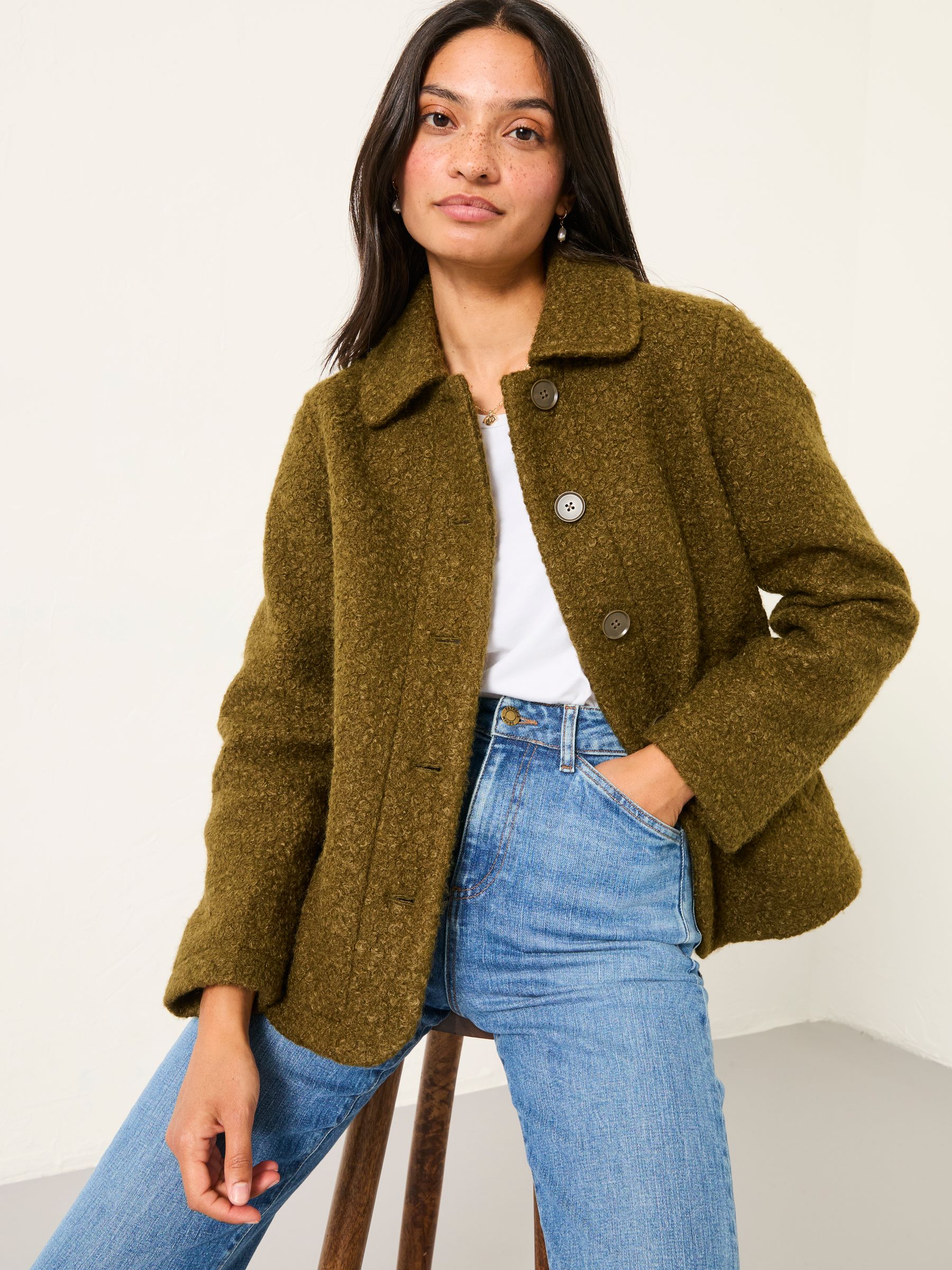 Mae Olive Green Boucle Jacket | FatFace USA