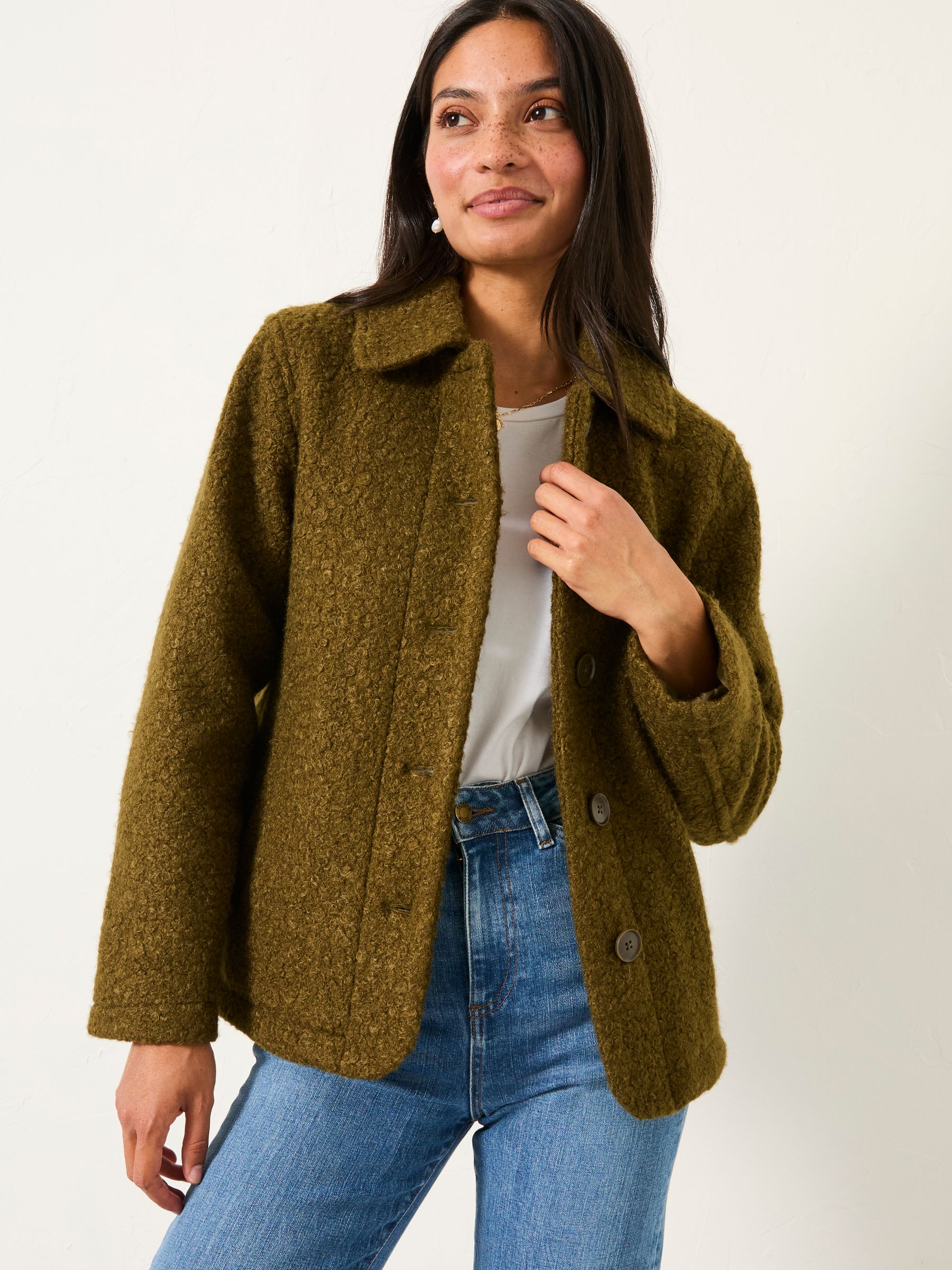 Mae Olive Green Boucle Jacket | FatFace USA