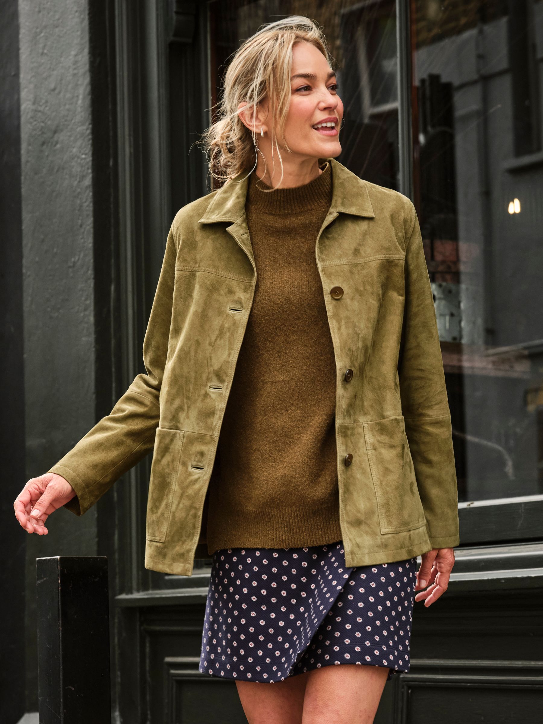 Erin Olive Green Suede Jacket - Image 1 of 7