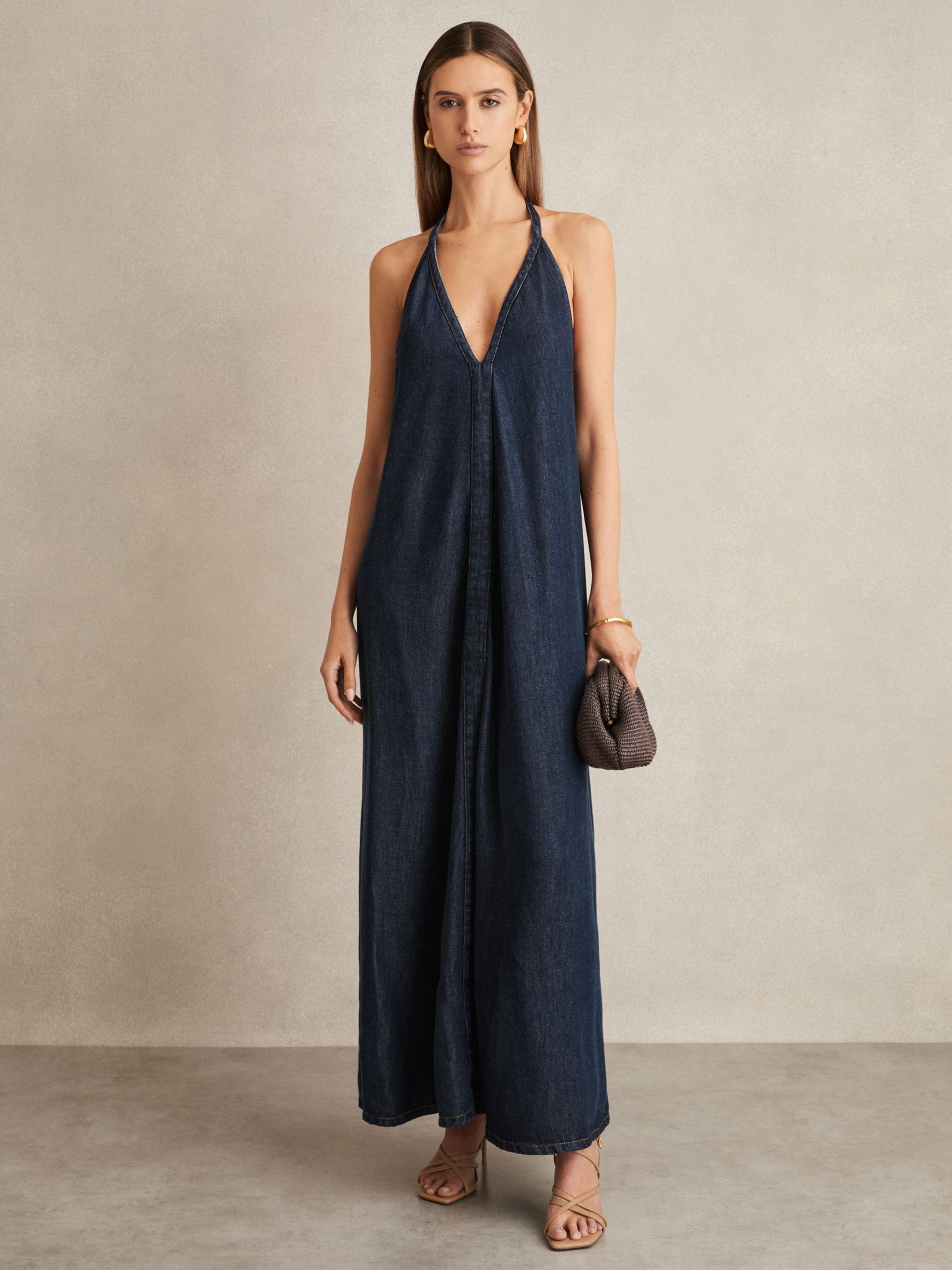 Denim Halterneck Maxi Dress in Indigo - Image 4 of 6