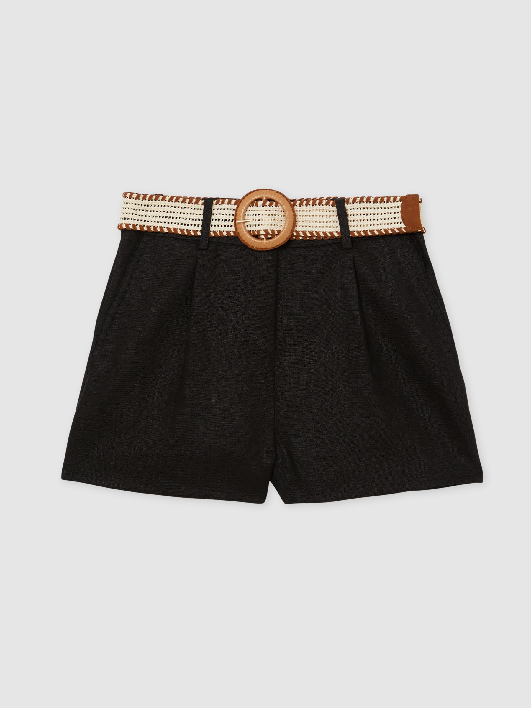 Linen Pleat-Front Belted Shorts in Black - Image 2 of 6
