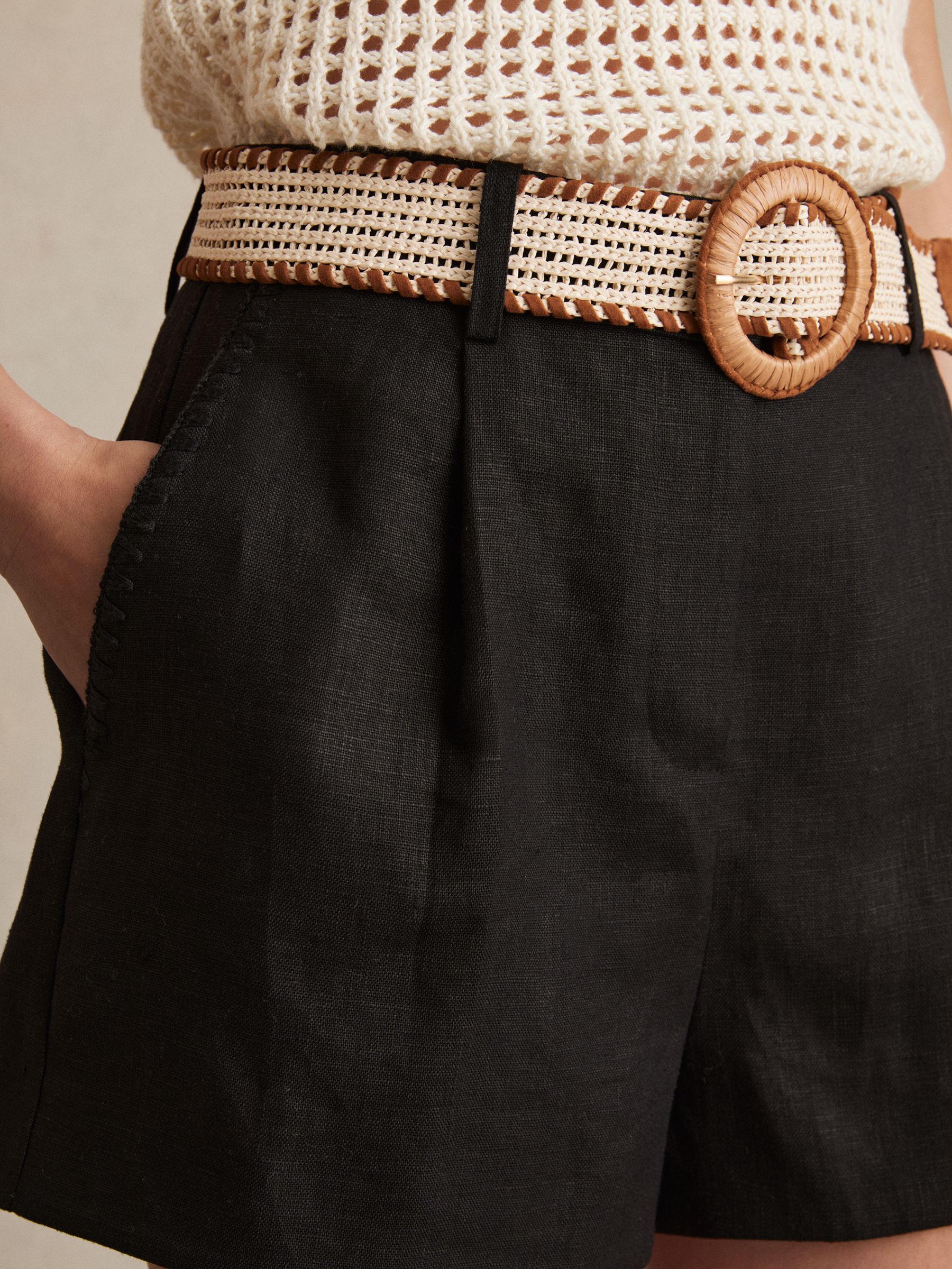 Linen Pleat-Front Belted Shorts in Black - Image 4 of 6