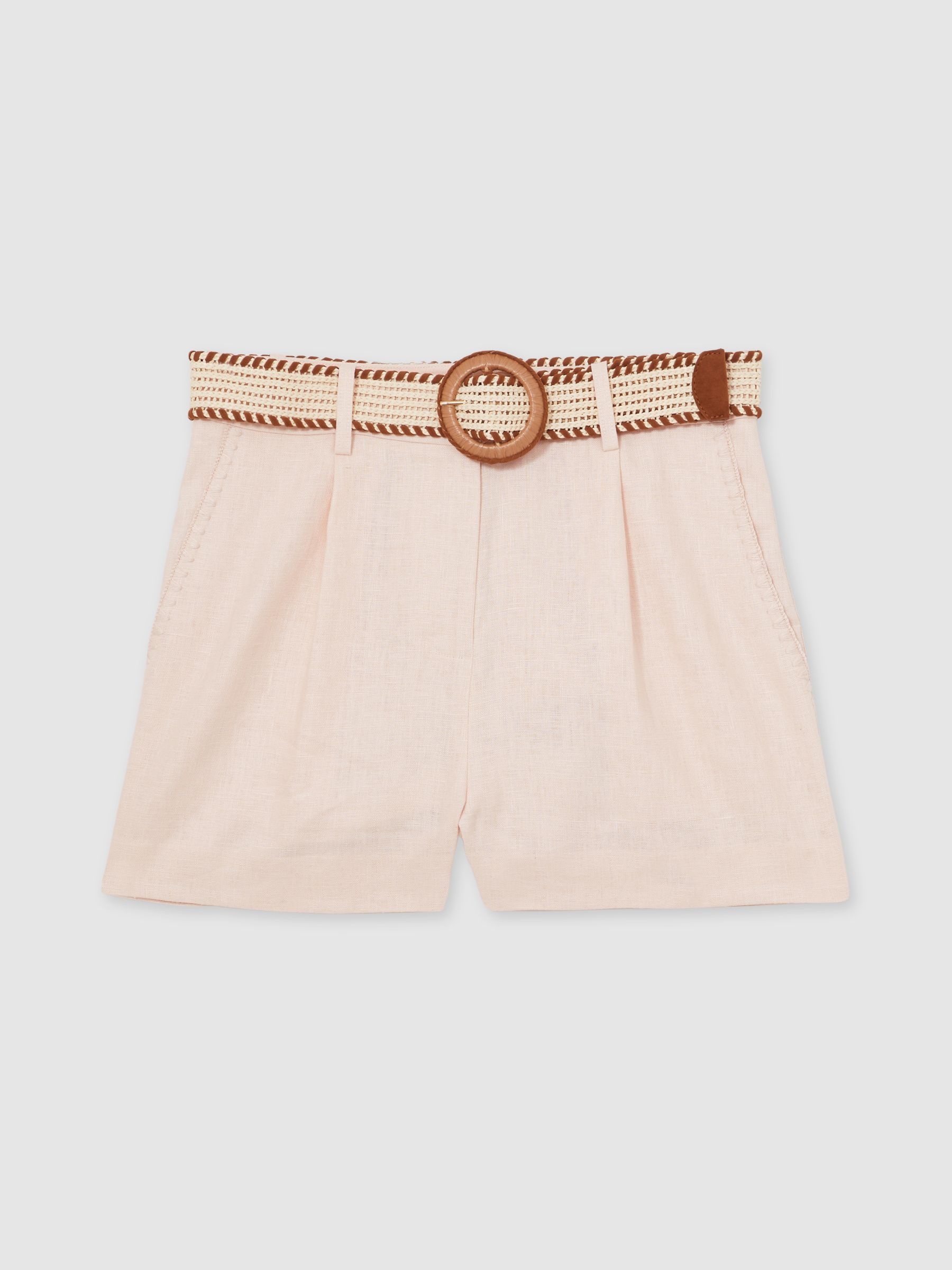 Linen Pleat-Front Belted Shorts in Pink - Image 2 of 5