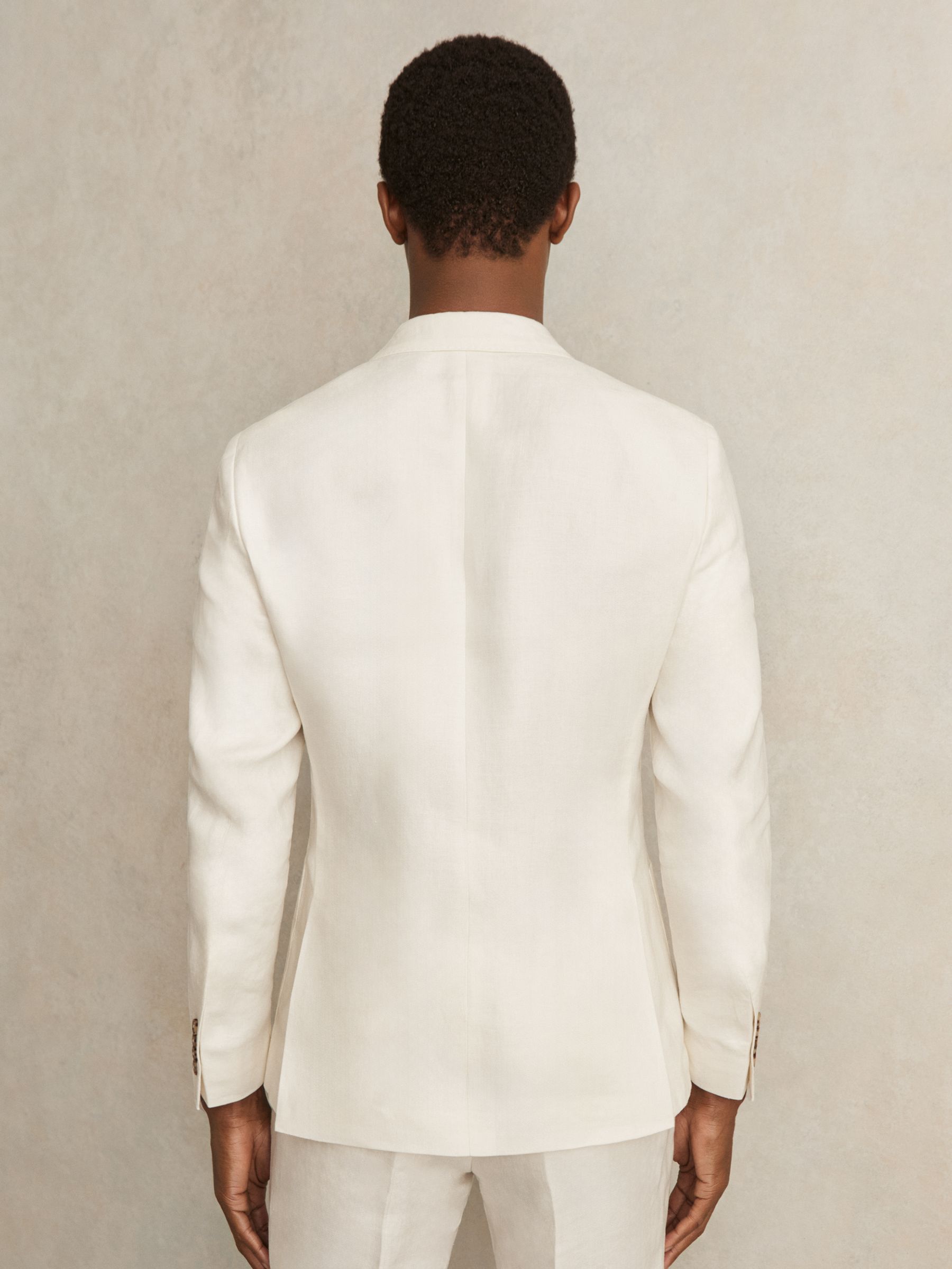 Linen Double-Breasted Suit Blazer Slim-Fit in Herringbone in White - Image 6 of 8
