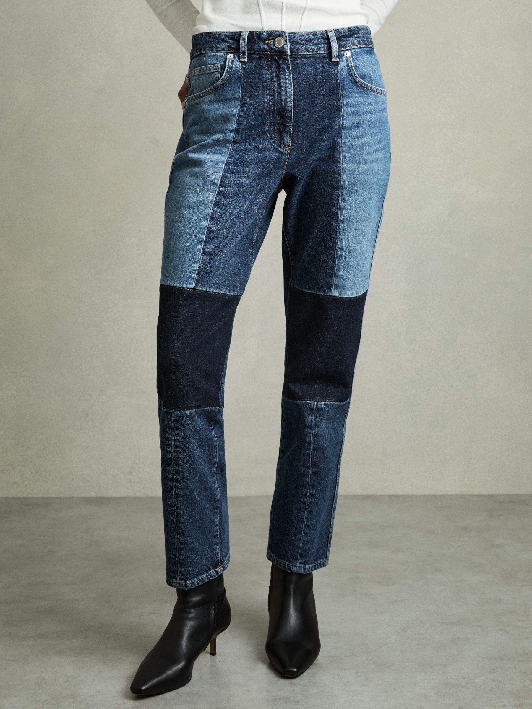 Petite Straight-Leg Patchwork Jeans in Mid Blue - Image 3 of 8