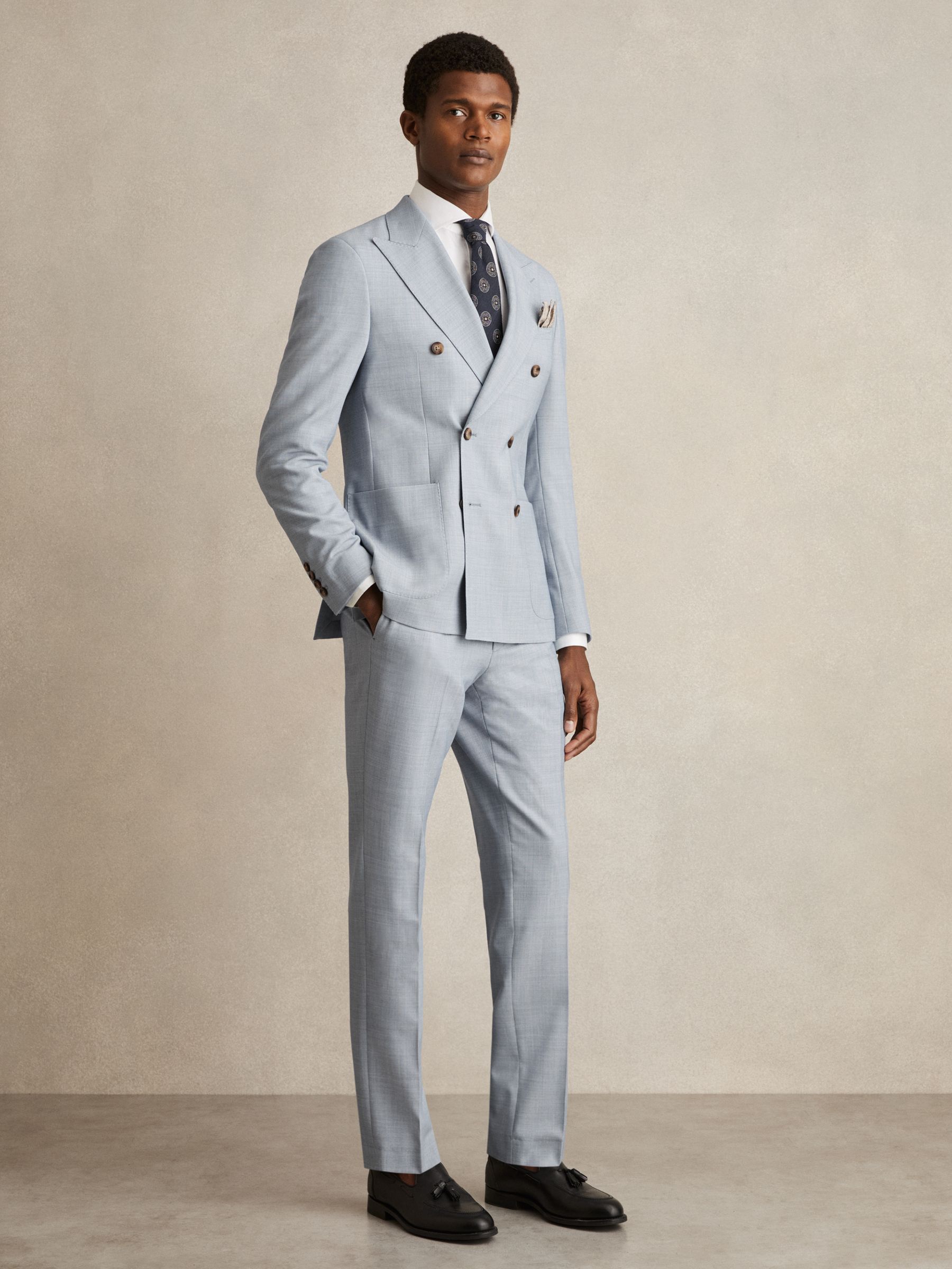 Double-Breasted Textured Suit Blazer With Wool Slim-Fit in Soft Blue - Image 1 of 10