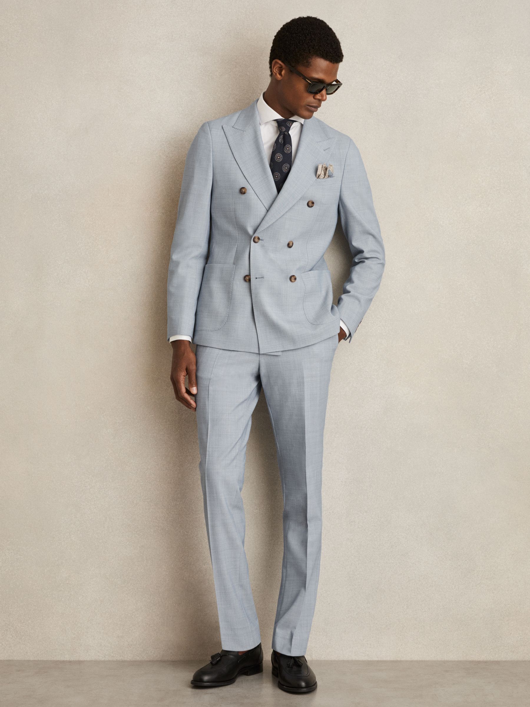 Double-Breasted Textured Suit Blazer With Wool Slim-Fit in Soft Blue - Image 3 of 10