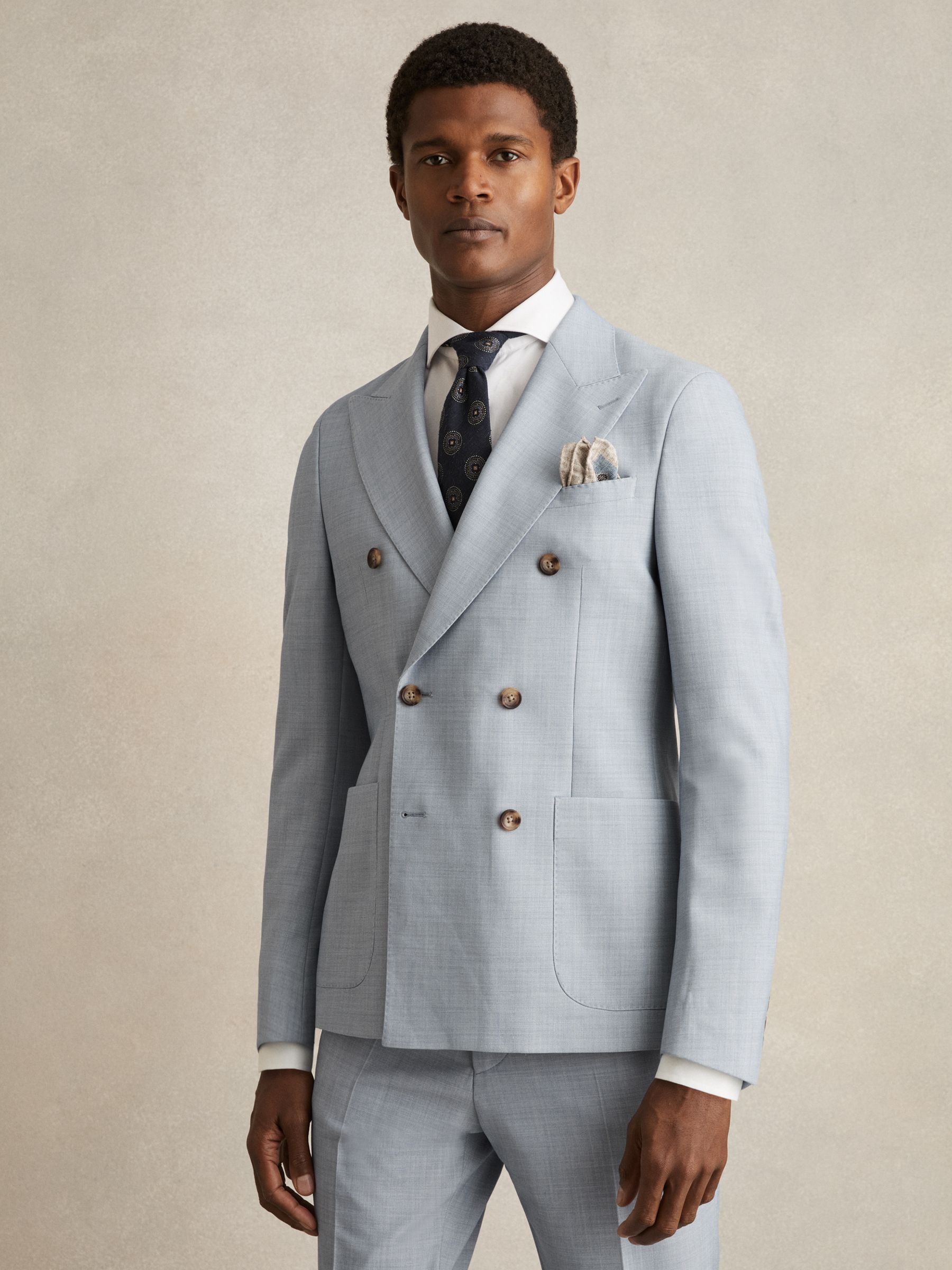 Double-Breasted Textured Suit Blazer With Wool Slim-Fit in Soft Blue - Image 4 of 10