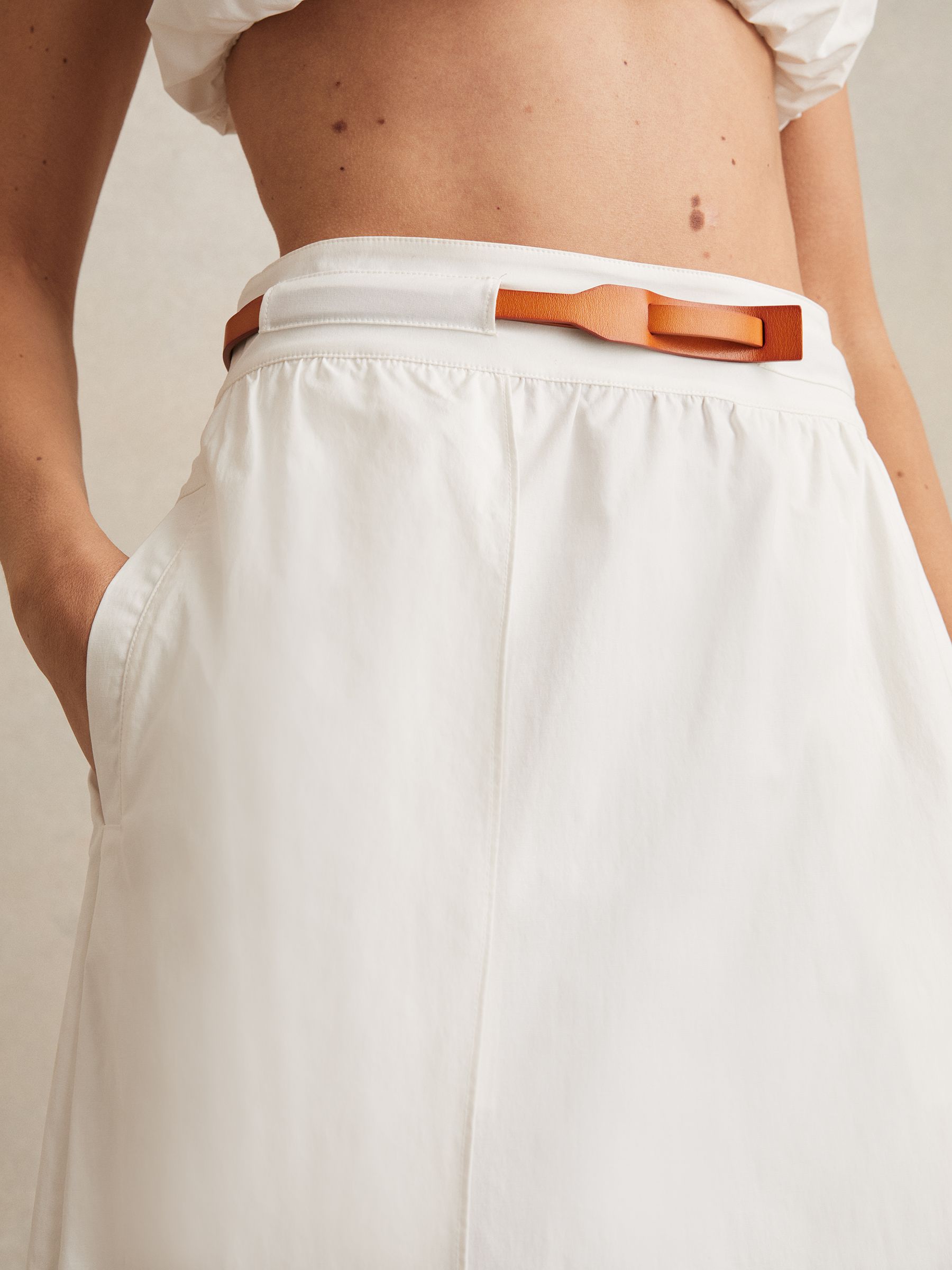 Poplin Belted Split Midi Skirt in Ivory - Image 3 of 5