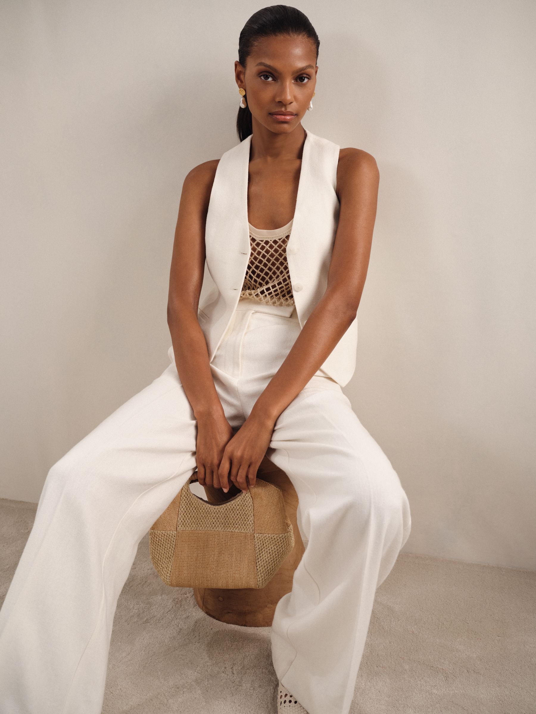 Linen-Blend Button-Through Waistcoat in White - Image 3 of 7