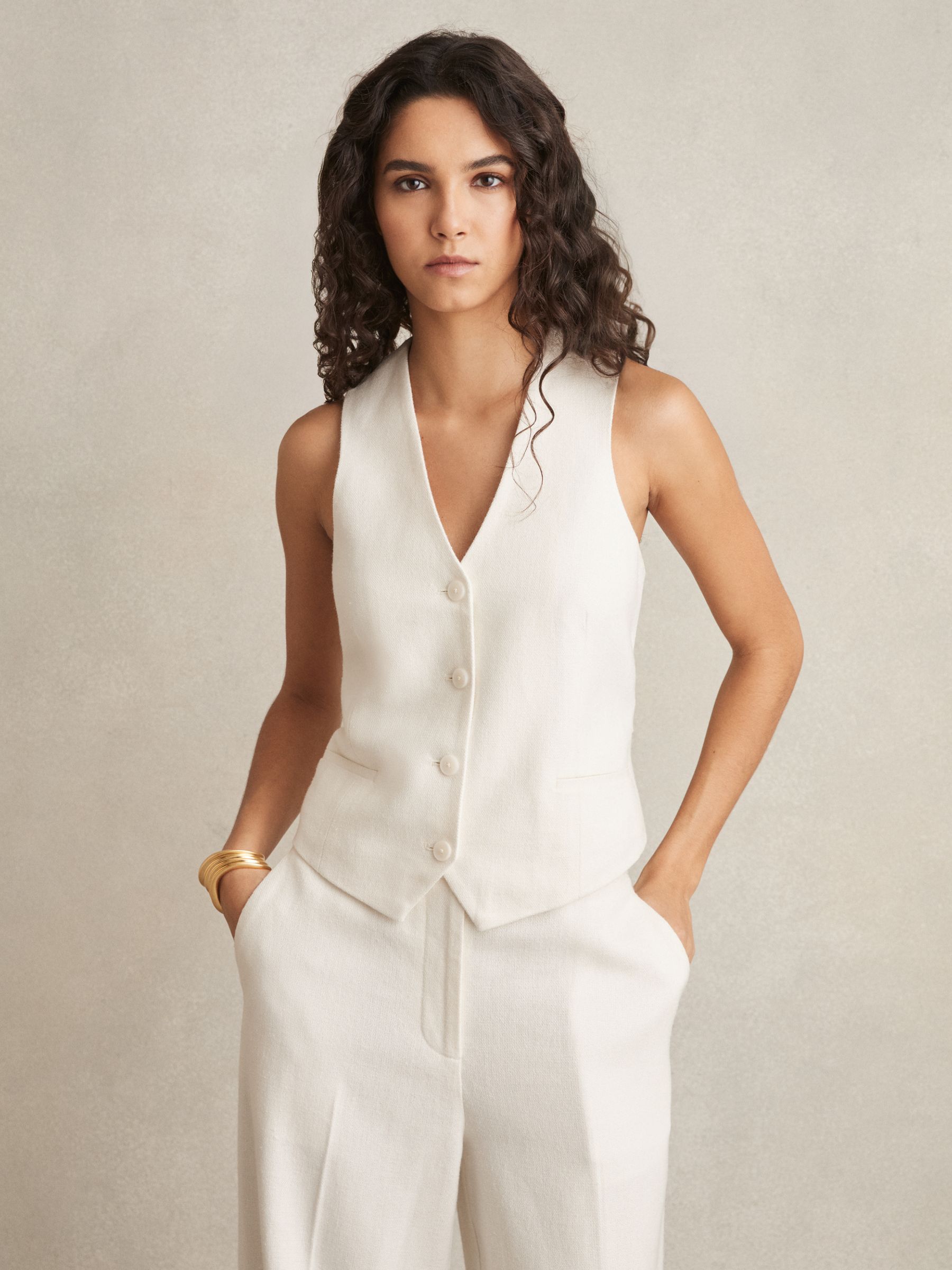 Linen-Blend Button-Through Waistcoat in White - Image 5 of 7