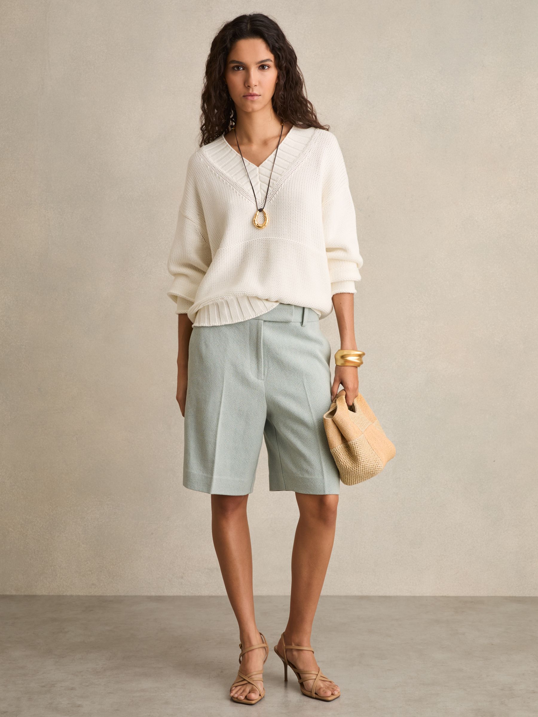 Tailored Bermuda Shorts with Linen in Blue - Image 1 of 7
