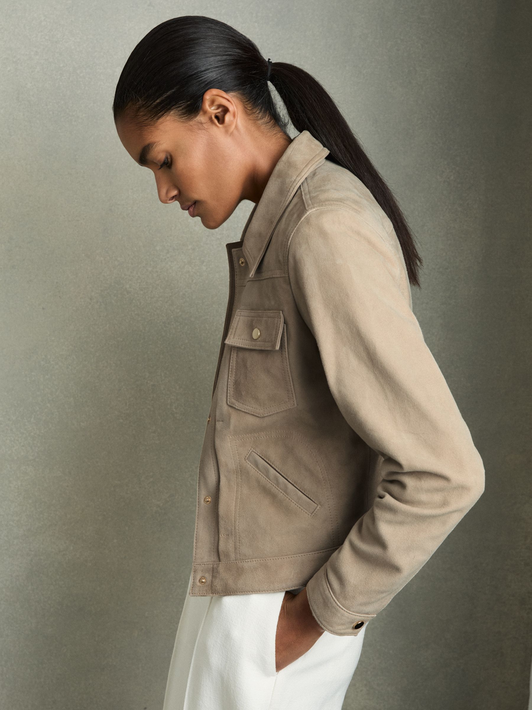 Suede Trucker Jacket in Neutral - Image 3 of 7