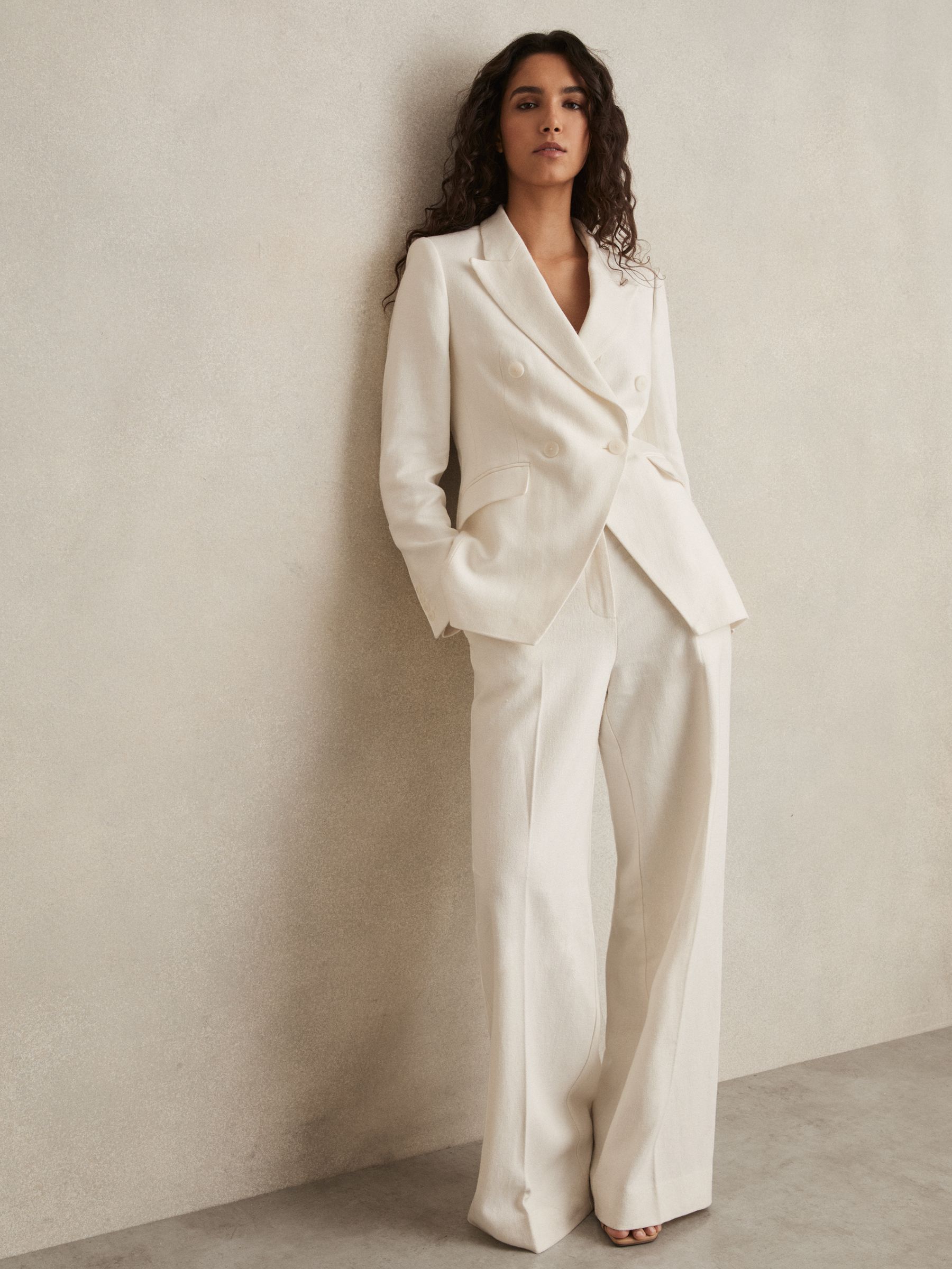 Petite Linen-Blend Double-Breasted Suit Jacket in White - Image 1 of 11