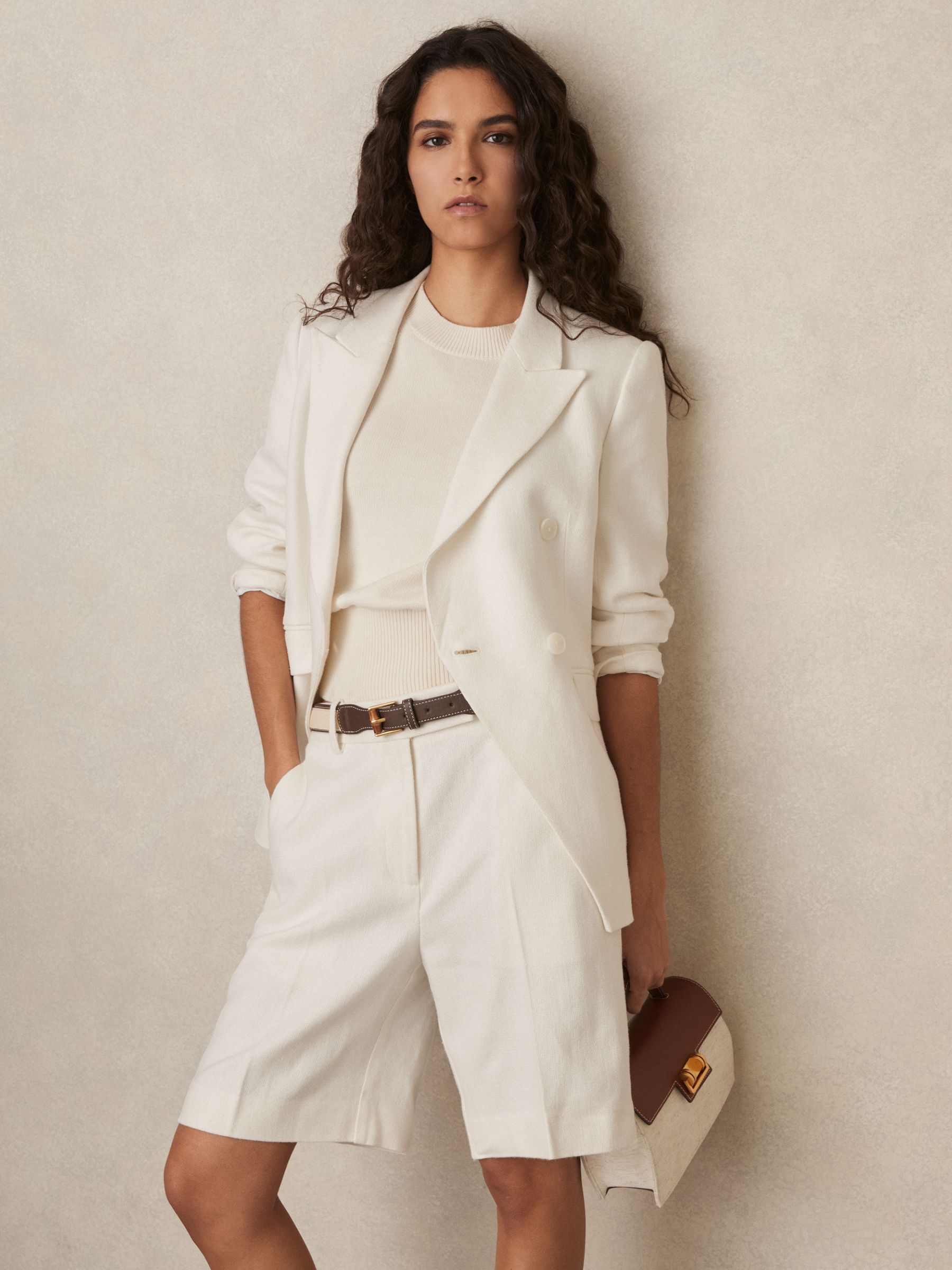 Petite Linen-Blend Double-Breasted Suit Jacket in White - Image 7 of 11