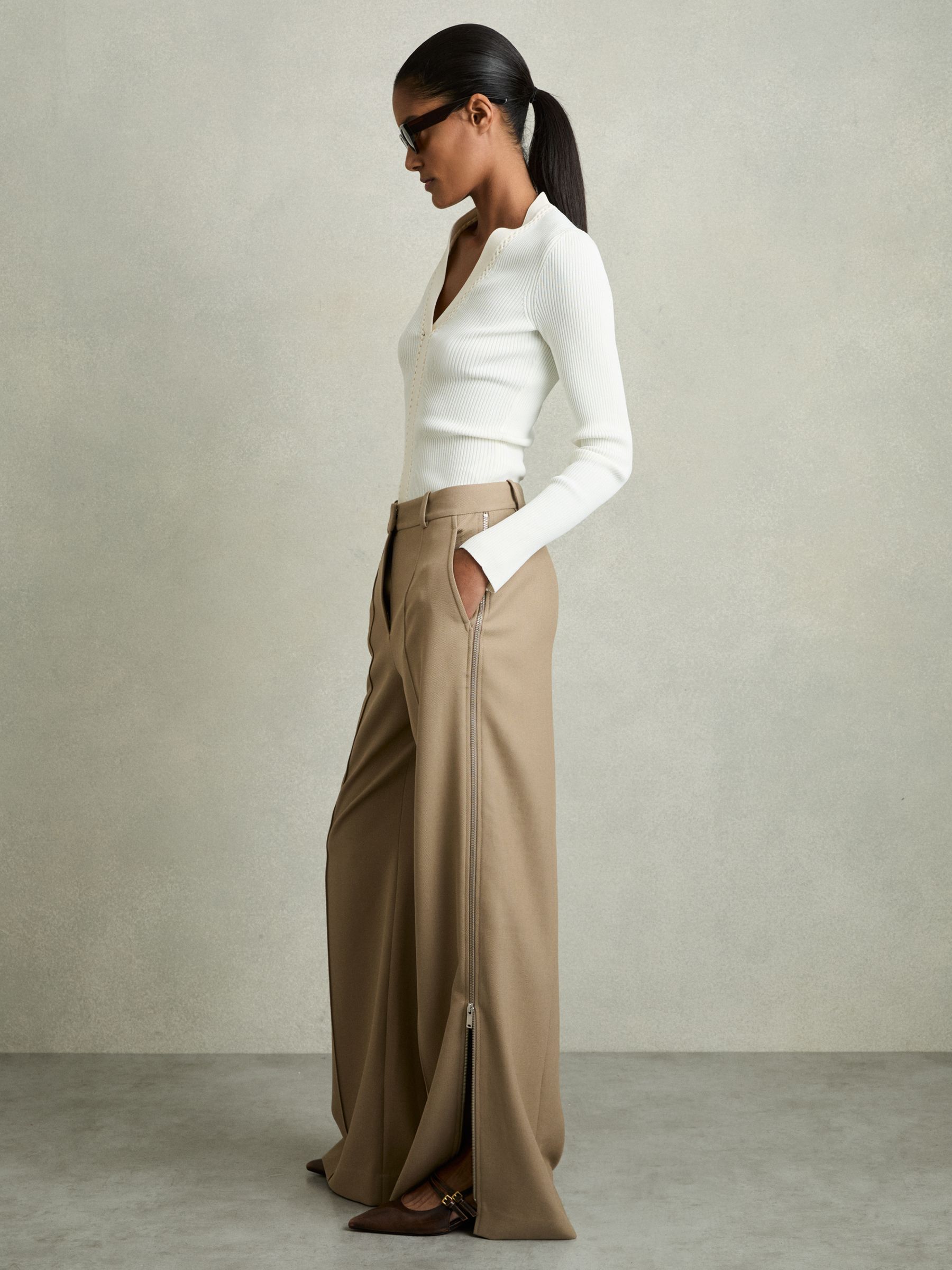 Petite Wide-Leg Side-Zip Trousers in Sage Green - Image 1 of 8