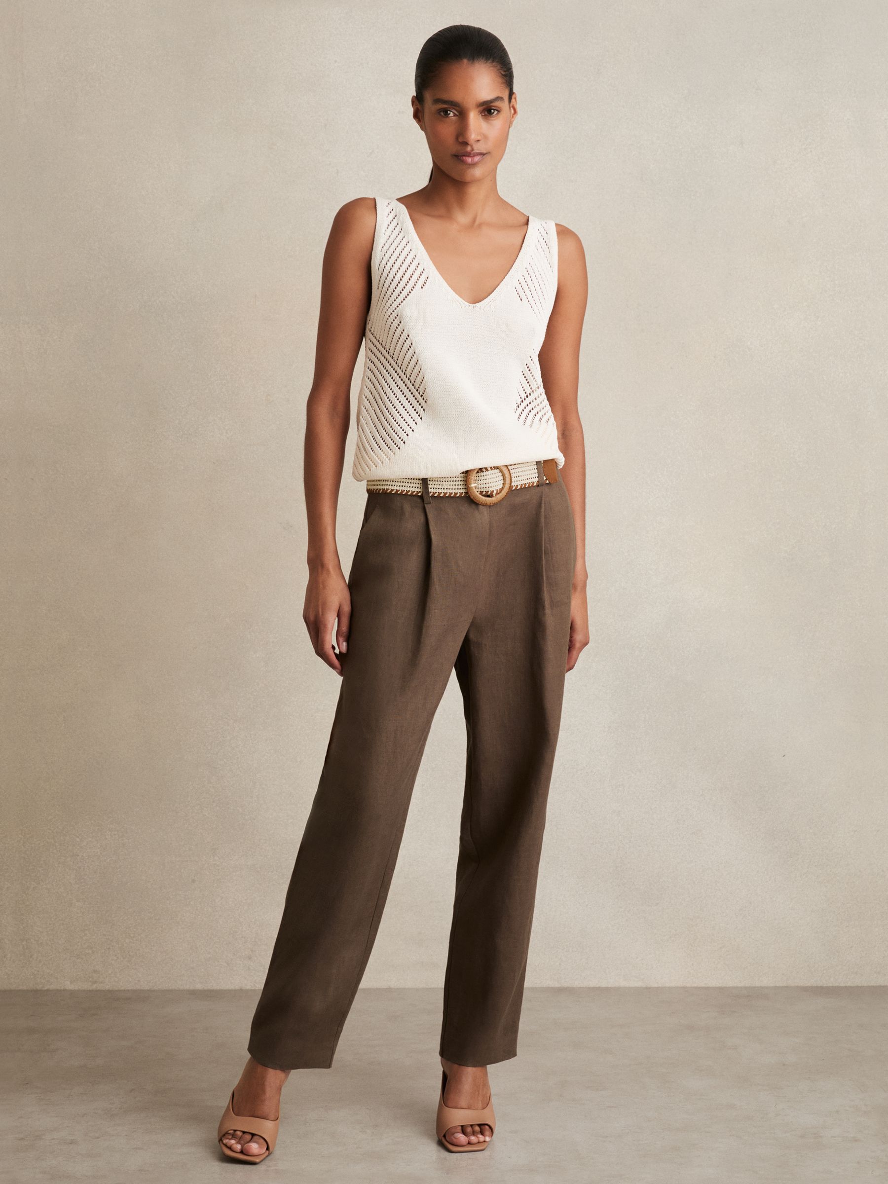 Petite Linen Belted Tapered Trousers in Mink Neutral - Image 6 of 8