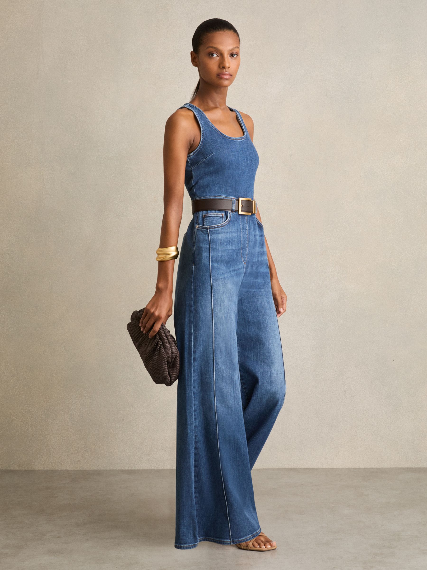 Reiss Wide-Leg Racer-Back Denim Jumpsuit in Indigo REISS