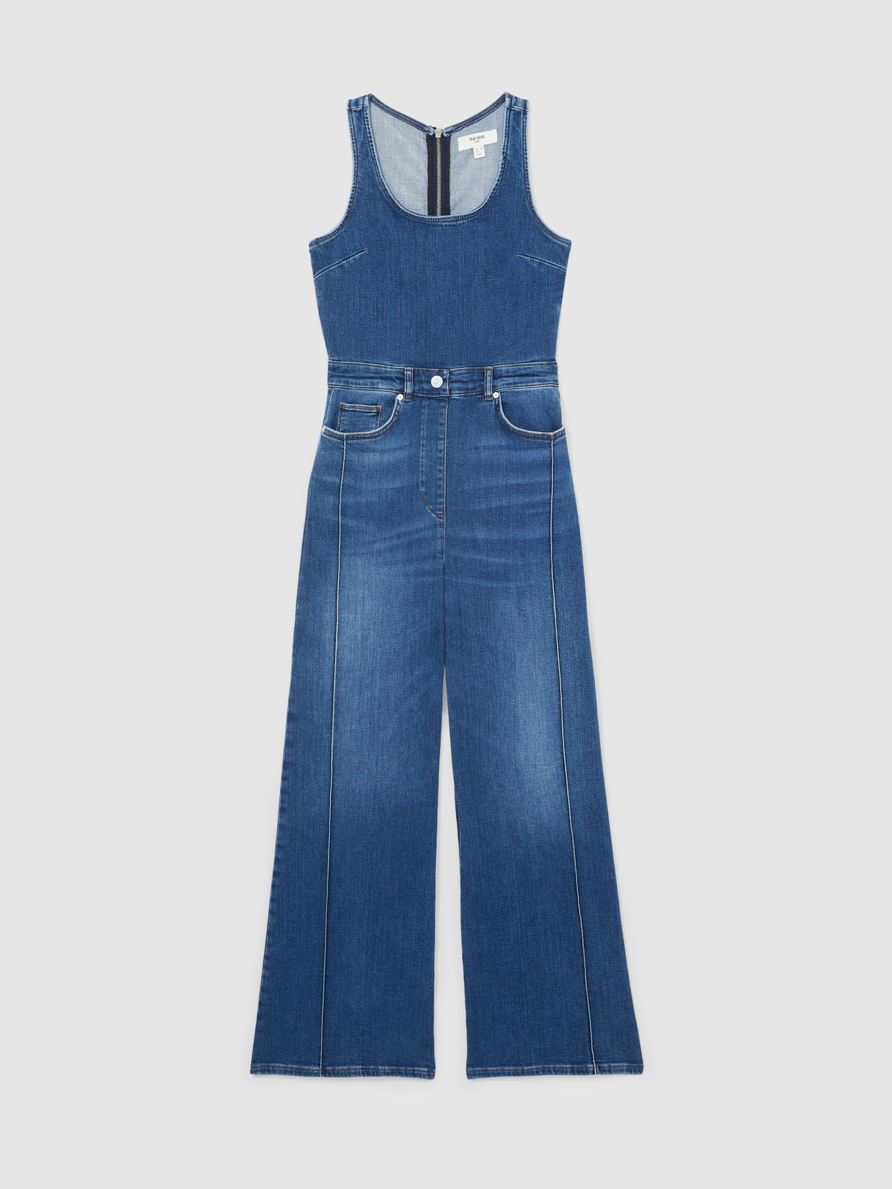 Reiss Wide-Leg Racer-Back Denim Jumpsuit in Indigo | REISS