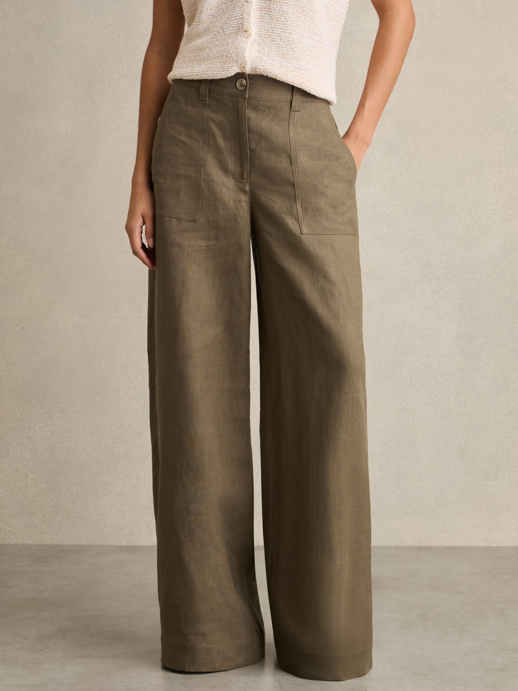 Linen-Cotton Wide-Leg Trousers in Khaki - Image 3 of 6