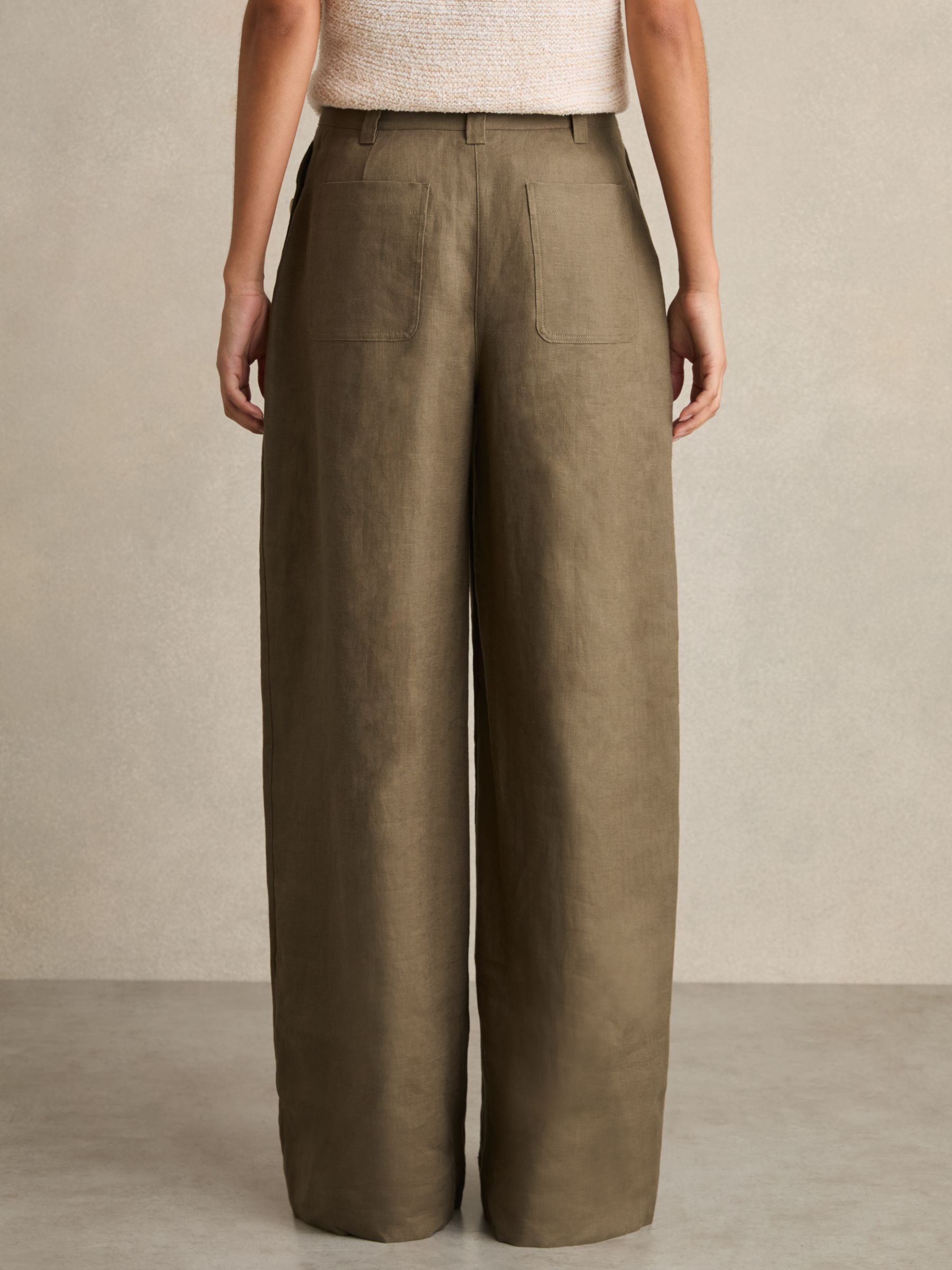 Linen-Cotton Wide-Leg Trousers in Khaki - Image 5 of 6