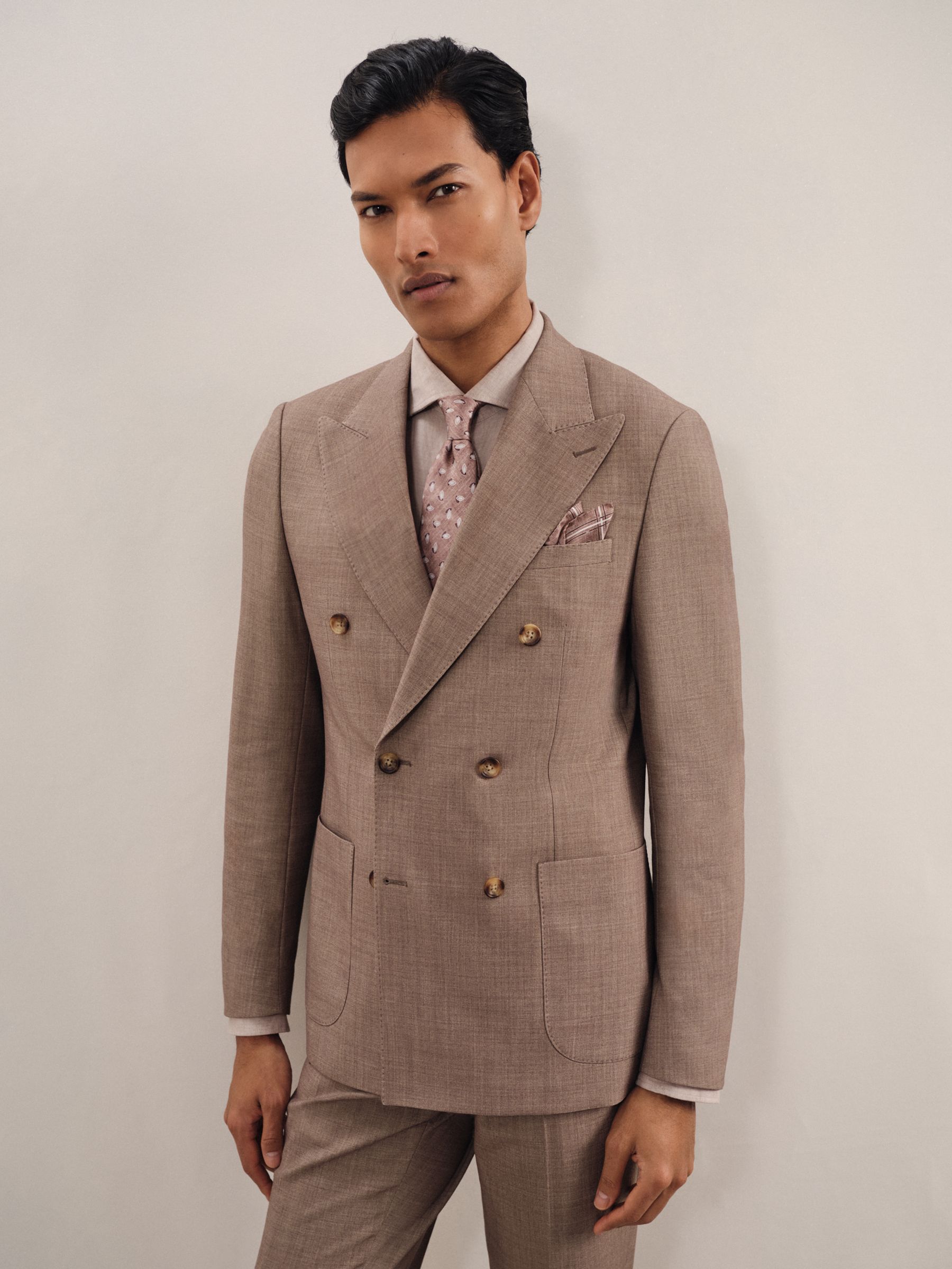 Double-Breasted Textured Suit Blazer With Wool Slim-Fit in Brown - Image 3 of 10