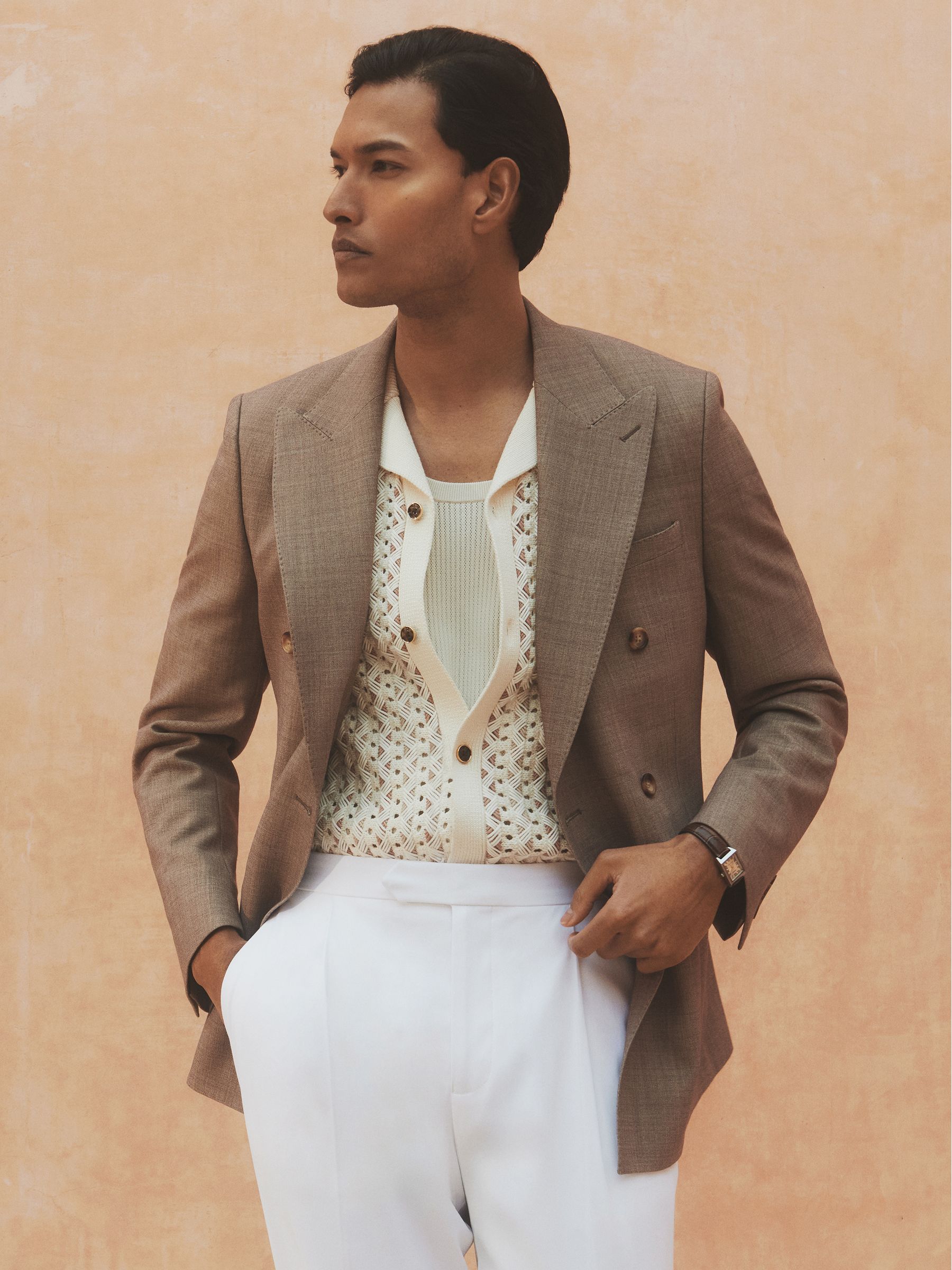 Double-Breasted Textured Suit Blazer With Wool Slim-Fit in Brown - Image 5 of 10