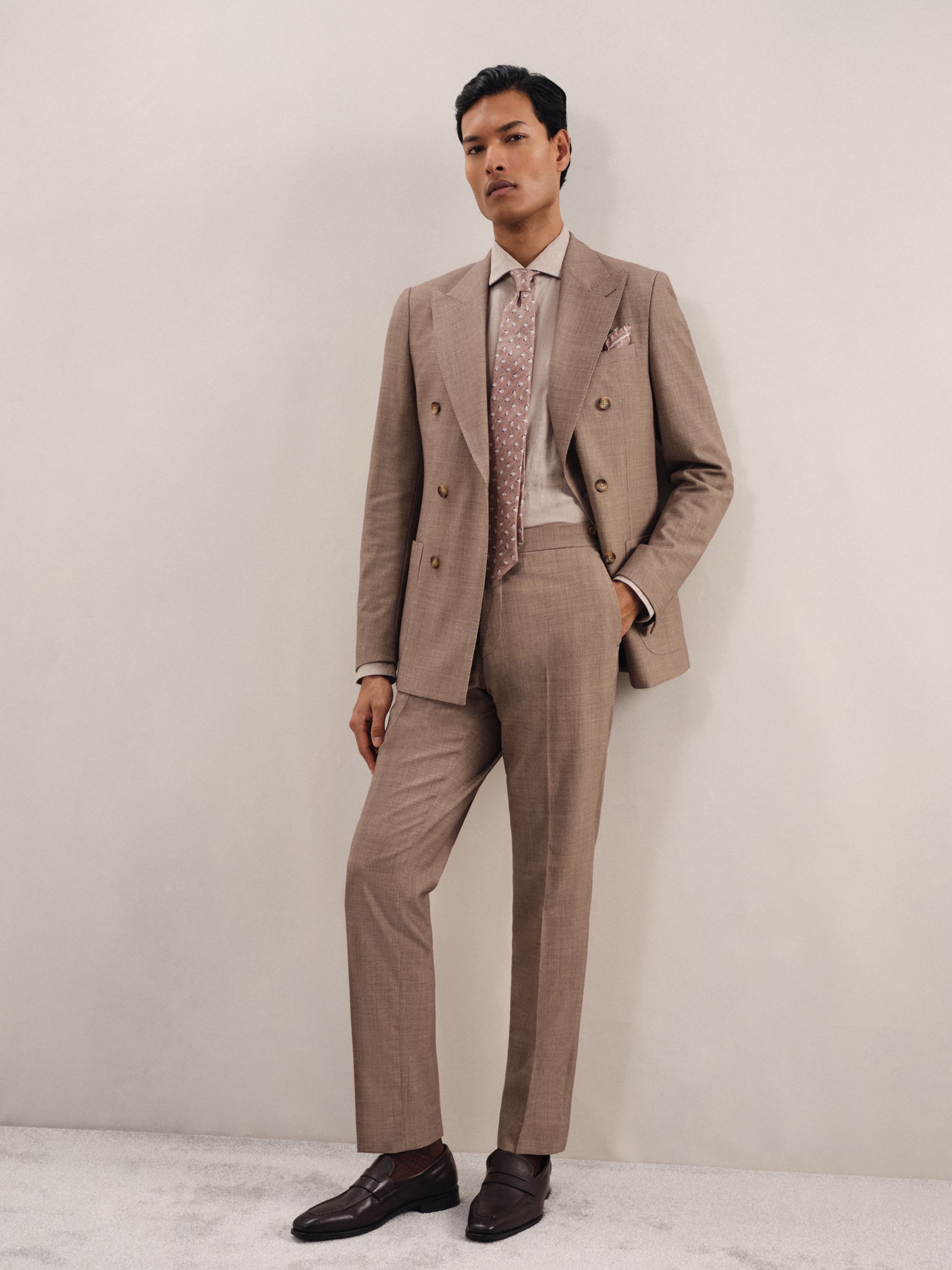 Double-Breasted Textured Suit Blazer With Wool Slim-Fit in Brown - Image 6 of 10