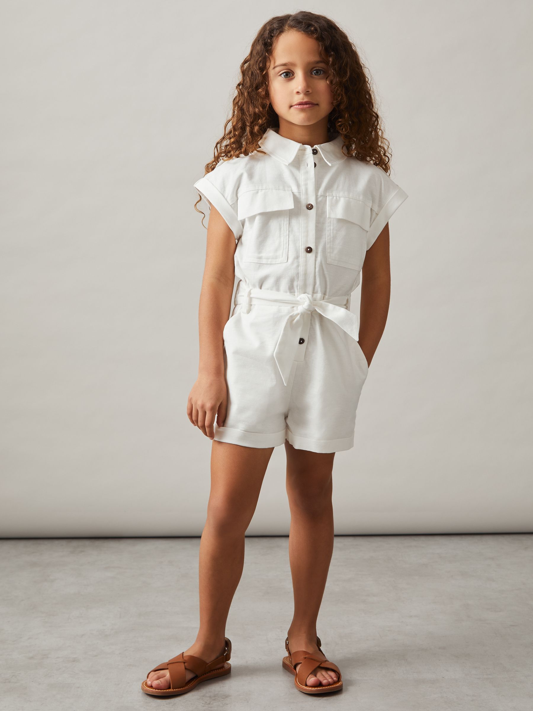 4-9 yrs Cotton-Linen Belted Playsuit in Ivory - Image 1 of 4