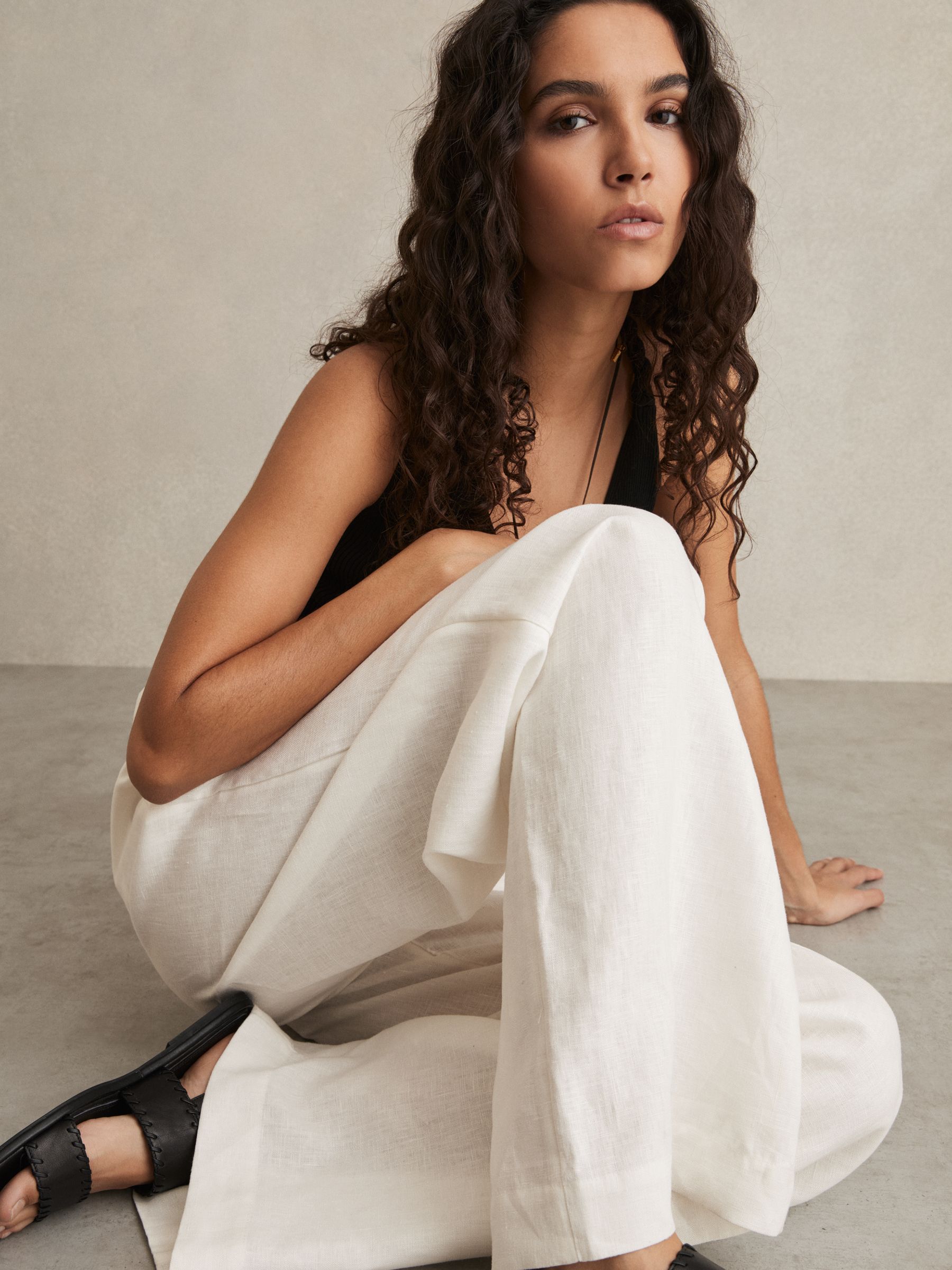 Petite Linen Belted Wide-Leg Trousers in White - Image 1 of 7