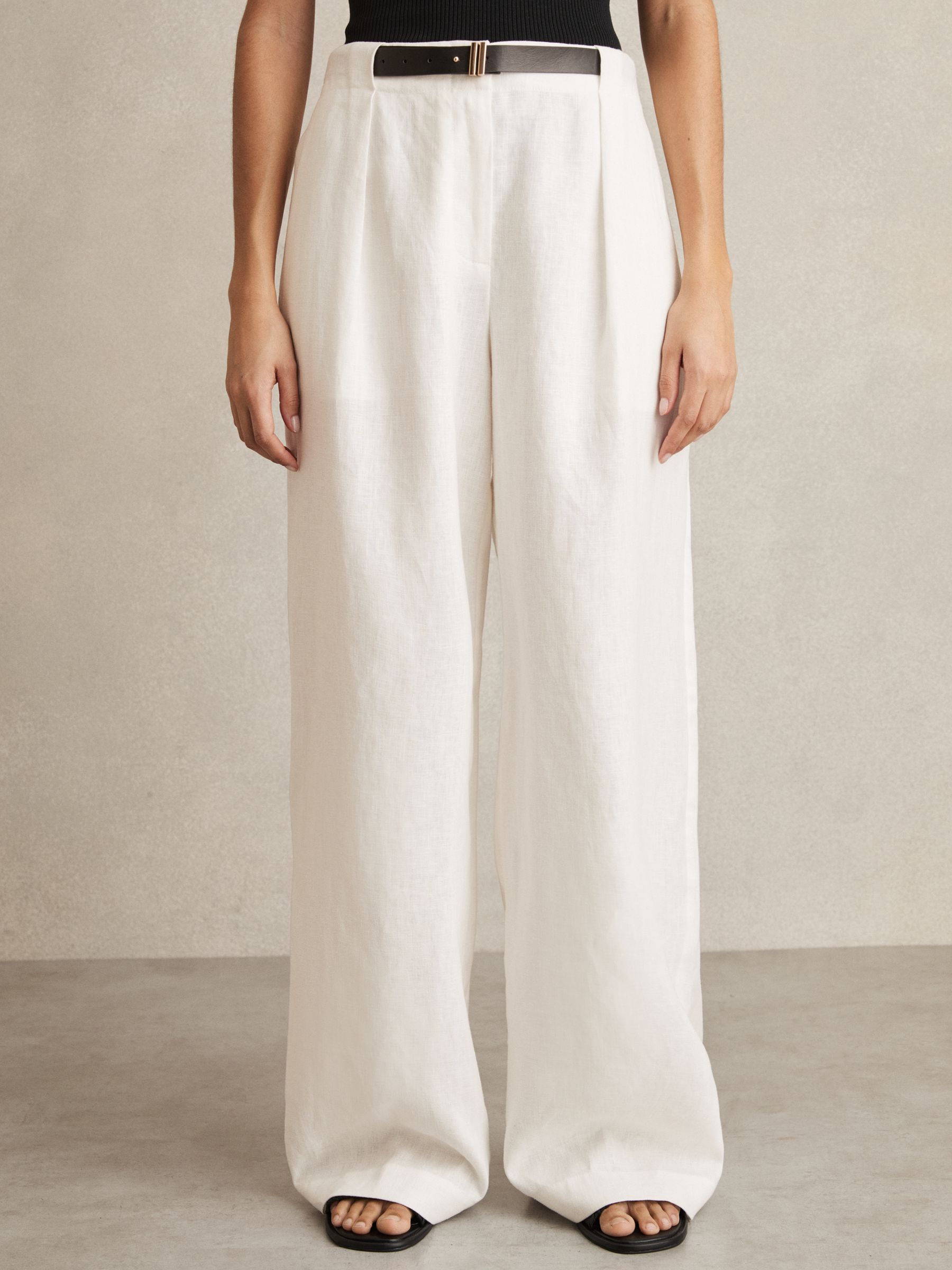 Petite Linen Belted Wide-Leg Trousers in White - image 3