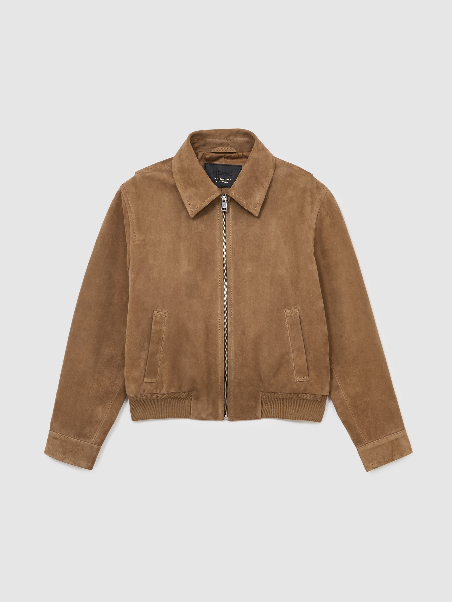 Suede Zip Through Bomber Jacket in Tan - Image 2 of 8