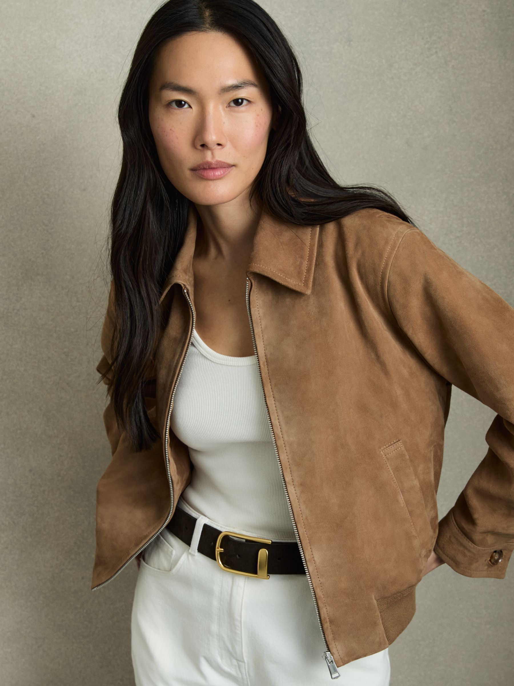 Suede Zip Through Bomber Jacket in Tan - Image 3 of 8
