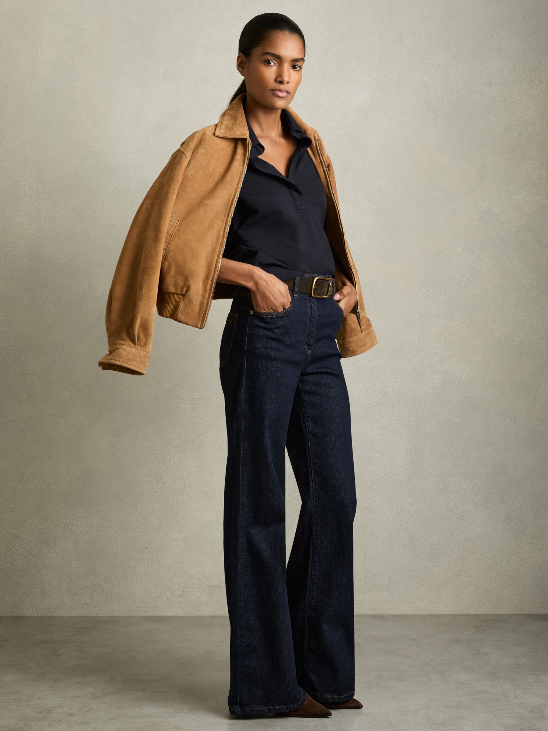 Suede Zip Through Bomber Jacket in Tan - Image 4 of 8
