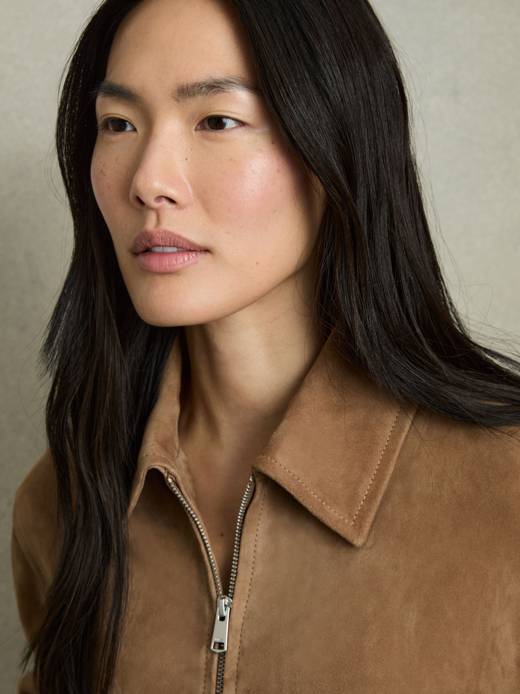 Suede Zip Through Bomber Jacket in Tan - Image 6 of 8