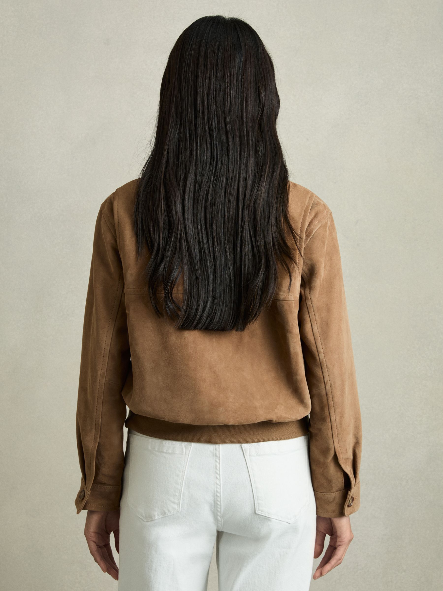 Suede Zip Through Bomber Jacket in Tan - Image 7 of 8