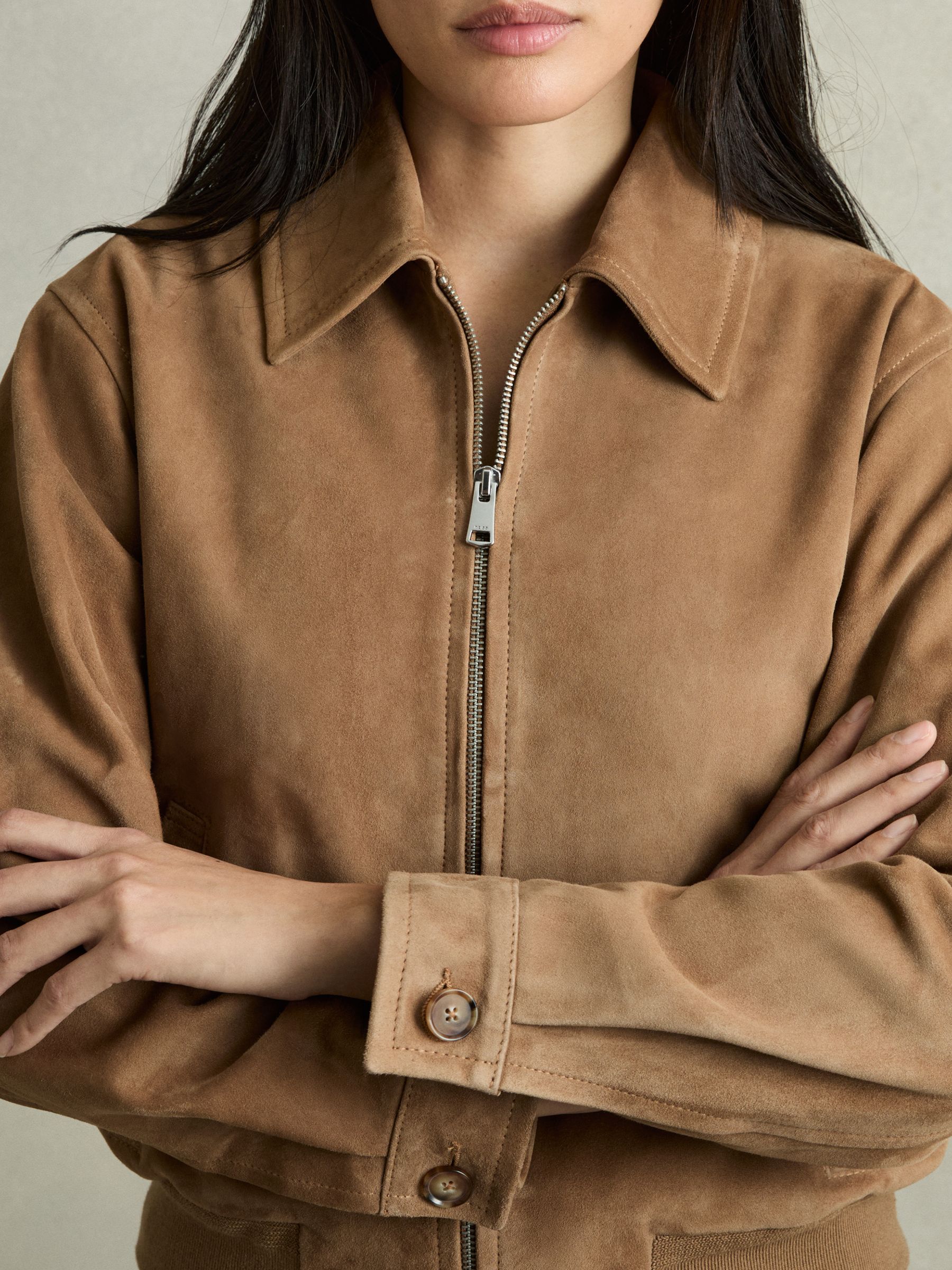 Suede Zip Through Bomber Jacket in Tan - Image 8 of 8