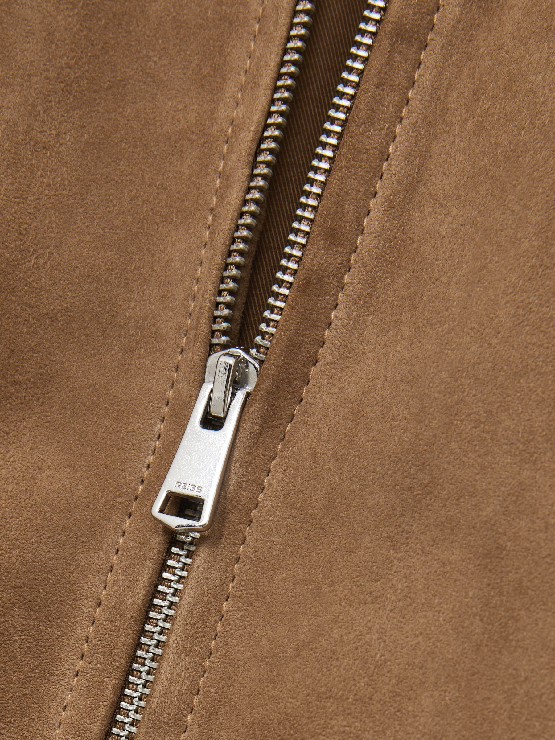 Suede Zip Through Bomber Jacket in Tan - Image 9 of 9